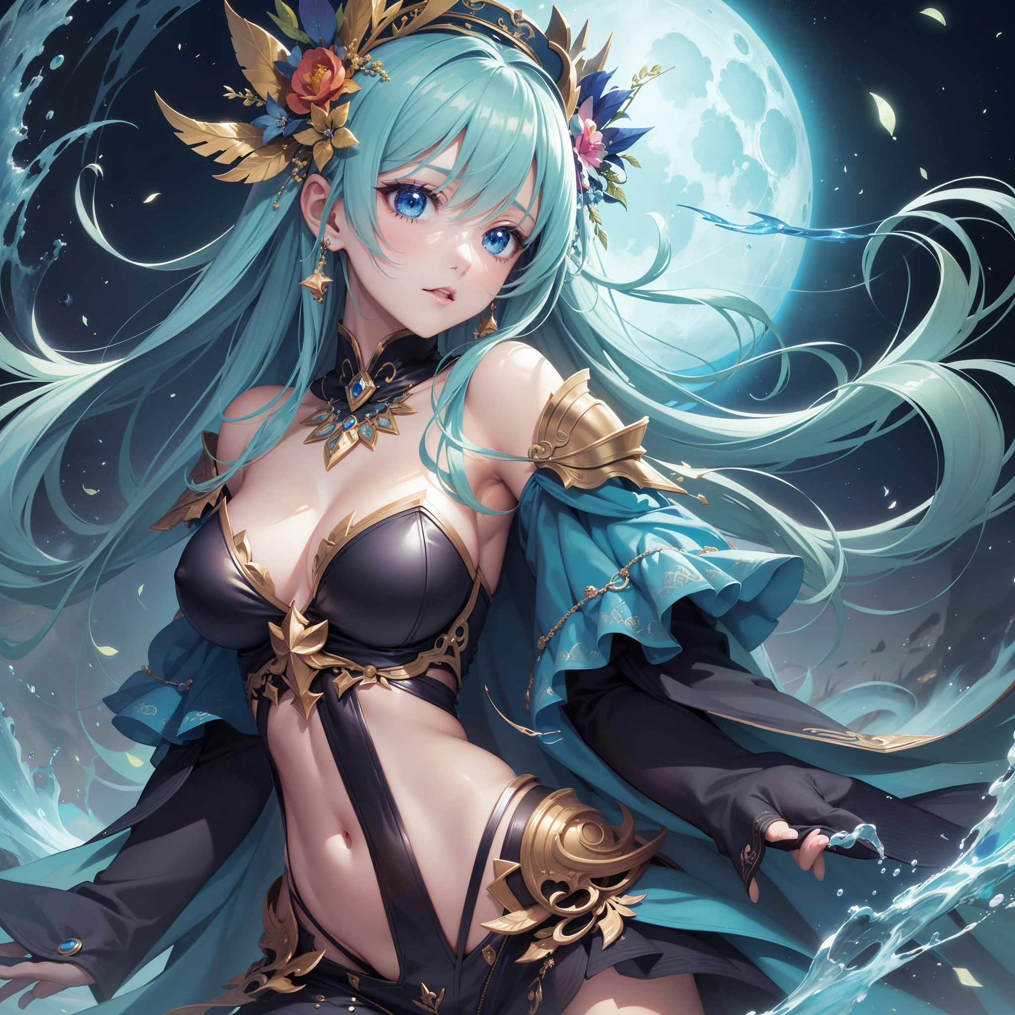 ((Finest quality)),(超A high resolution),(ultra-detailliert),((Best Anime)),sharpnes,vivid:1.1,Fantasy art with astounding depictions,Dense and detailed blue moon:1.6,grass field, (goddess of the moon)