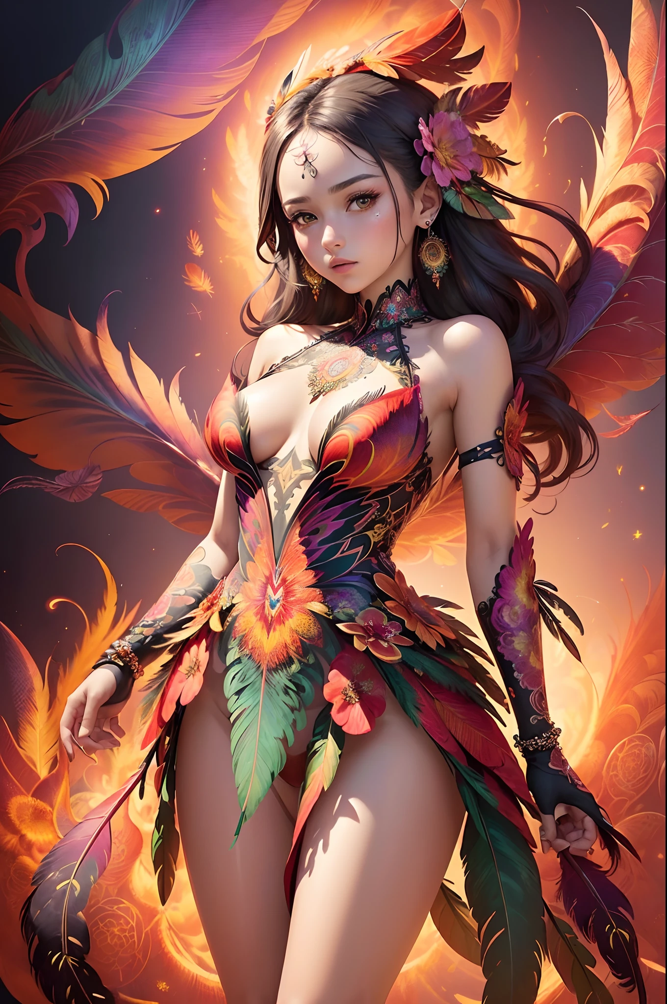 (masterpiece, top quality, best quality, official art, beautiful and aesthetic:1.2), (1girl:1.3), extremely detailed,(fractal art:1.1),(colorful:1.1)(flowers:1.3),highest detailed,(zentangle:1.2), (dynamic pose), (abstract background:1.3), (shiny skin), (many colors:1.4), ,(earrings), (feathers:1.5) , (Flamethrower:1.3),red background,Phoenix dress,
