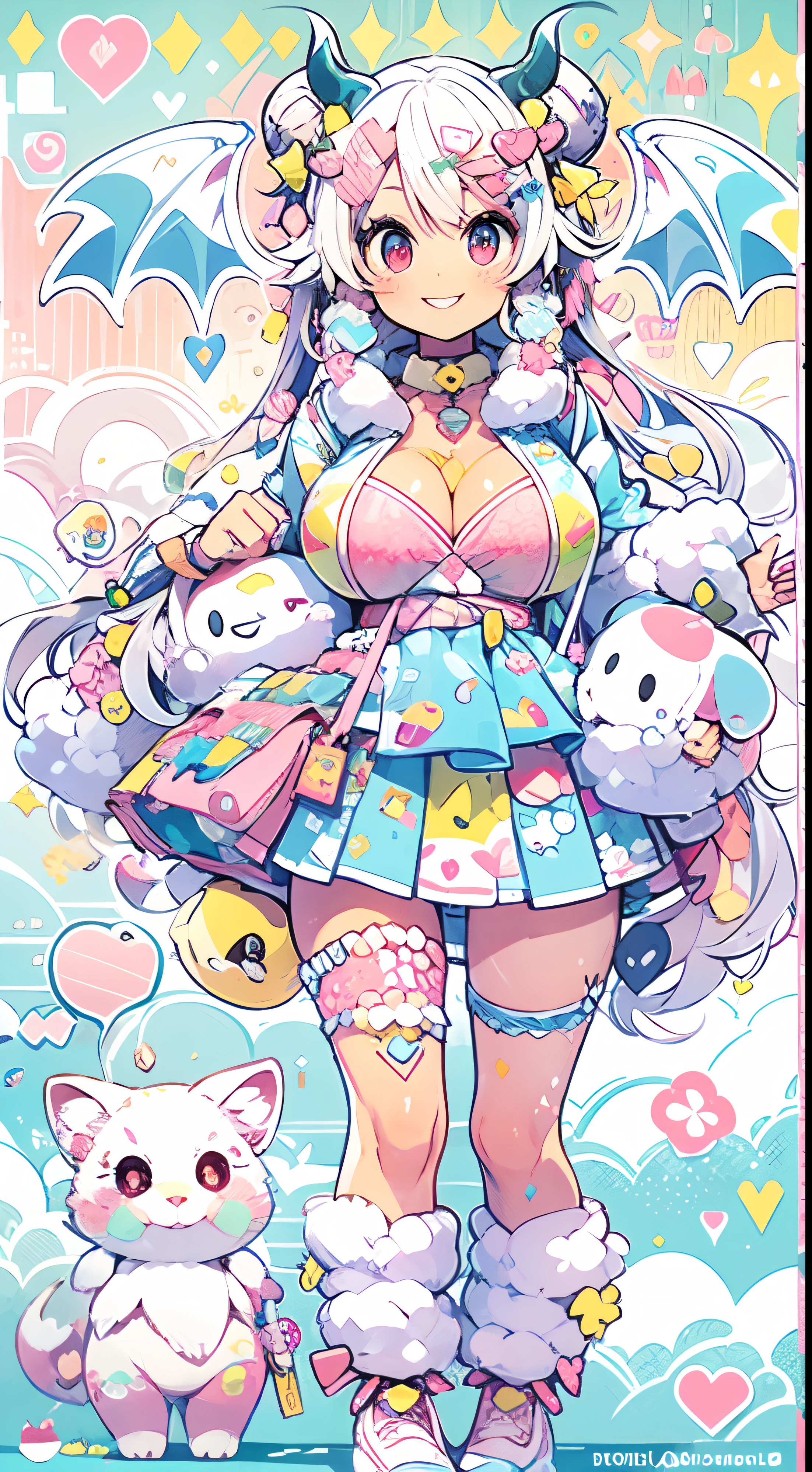 "kawaii, cute, adorable woman with pink, yellow, and baby blue color scheme. She is dressed in sky-themed clothes made out of clouds and sky motifs. Her outfit is fluffy and soft, with decora accessories like hairclips. She embodies the vibrant and trendy Harajuku fashion style." White hair, red eyes, horns, demon wings, big boobs,big ass, big lips, juicy lips, huge hair, smile