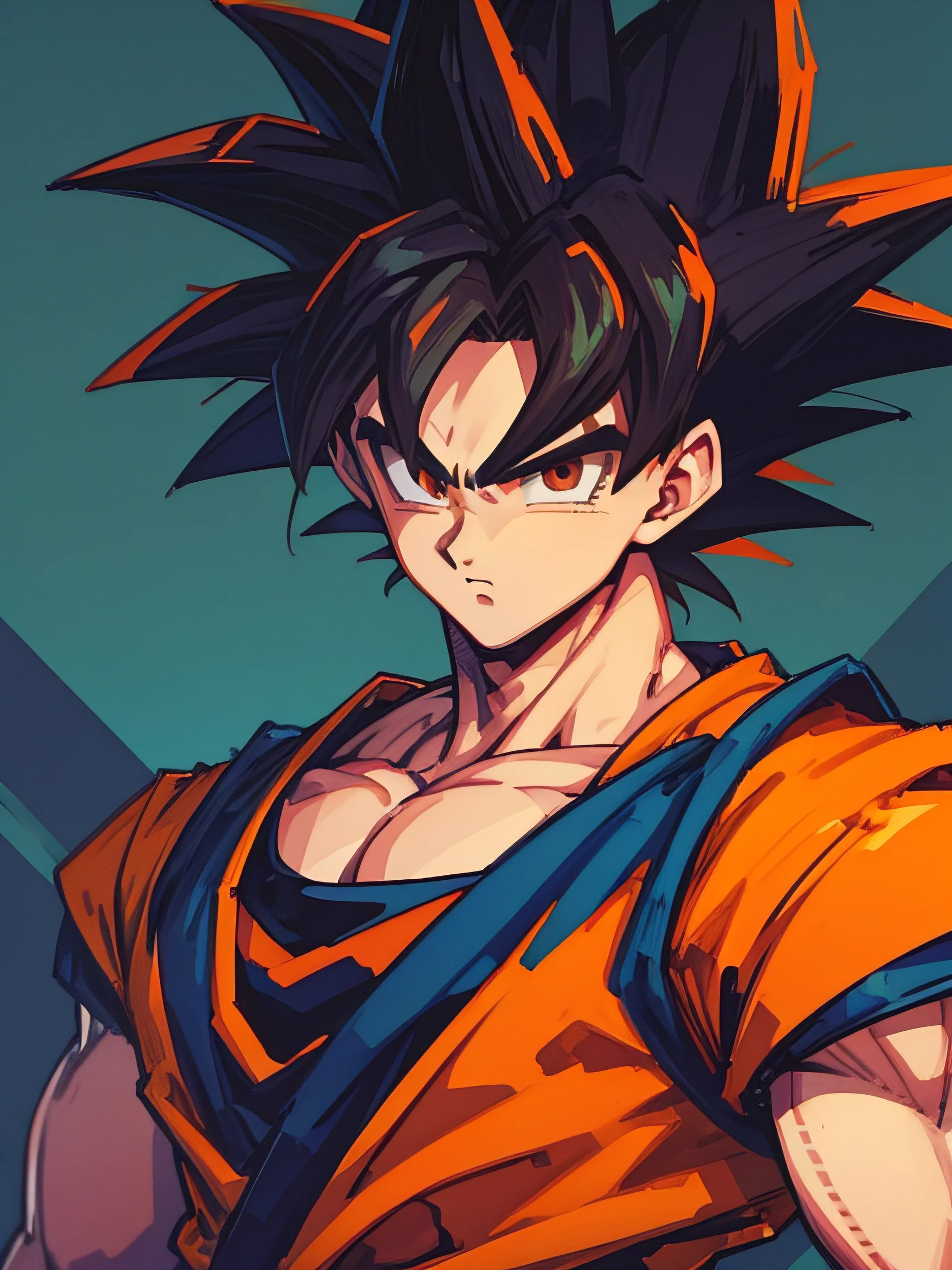(masterpiece), best quality, ultra-detailed, Goku from Dragon Ball Z with spiky black hair, wearing orange clothes, Retro style.