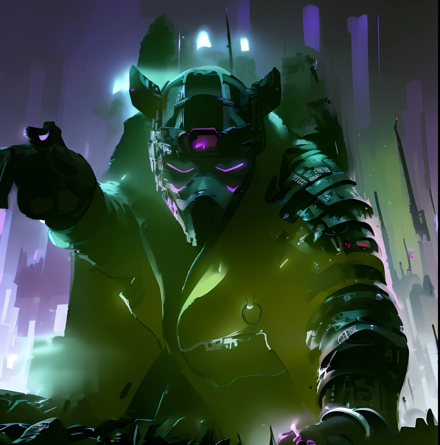 cyberpunk background, dark neons, flying vehicles, cybernetics, ((future-punk)) anti hero with an arm made for hacking, cybernetic metalic mask with red line eyes hides his face., is he good or bad? cant tell. Retro fleece pilots jacket + armor for a cloak, blues blacks greens purples, dramatic composition,