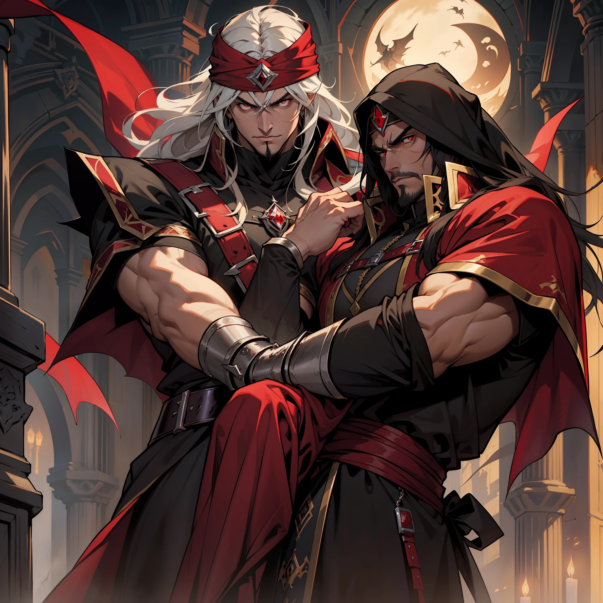 Castlevania, Seigneur des ombres, Seigneur marocain Dracula, hokuto no ken face structure style with red turban Handsome muscular warrior Long Hair White Red Eyes Medieval Crystal with its scary demons