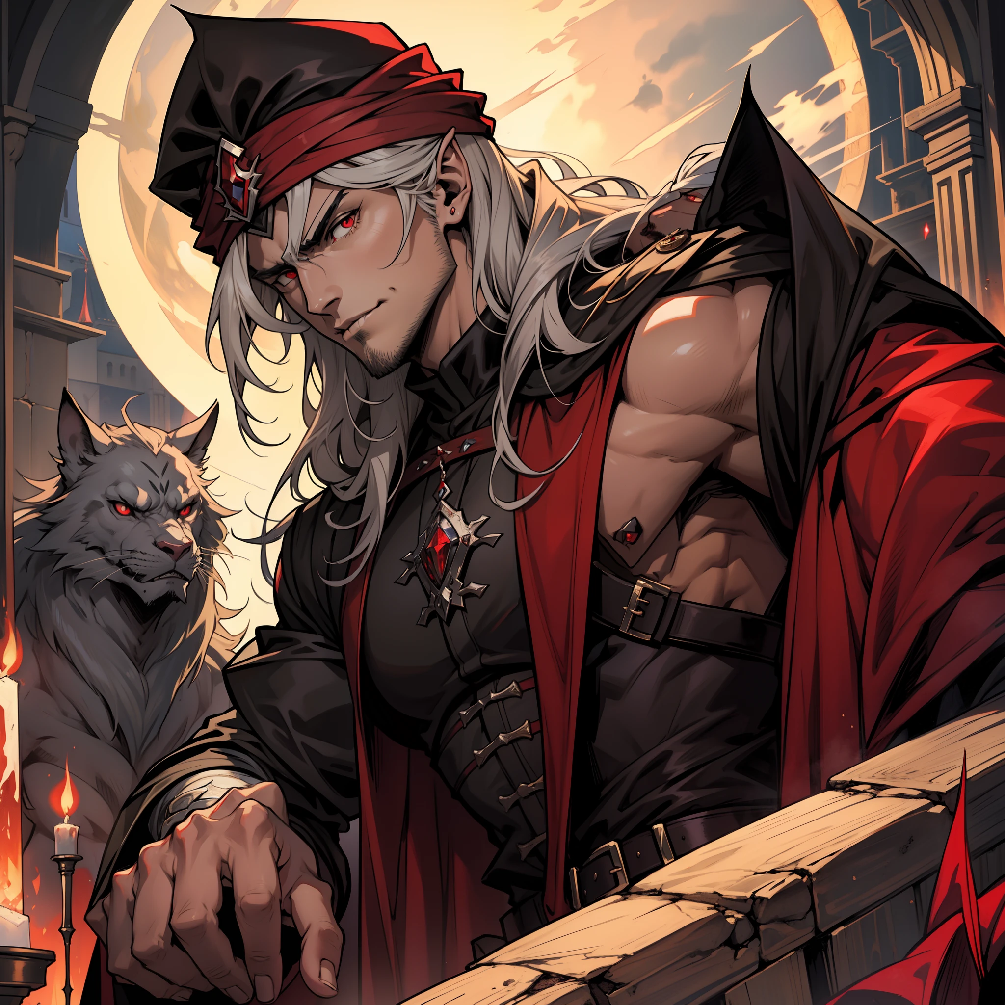 Castlevania, Seigneur des ombres, Seigneur marocain Dracula, hokuto no ken face structure style with red turban Handsome muscular warrior Long Hair White Red Eyes Medieval Crystal with its scary demons