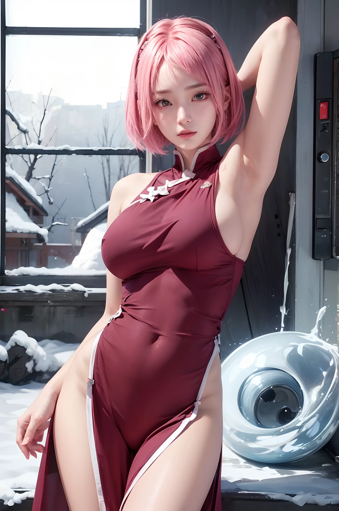 Real life adaption of this character, korean beauty face , realistic outfit , realistic pink short hair,realistic shadow, realistic light, realism, hyper realistic, realistic background,(photorealistic:1.2), looking to viewer,