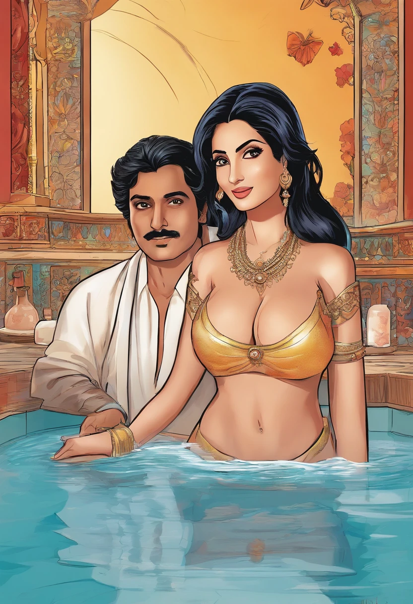 Renowned Indian actress sridevi kapoor at the age of 40 poses completely nude along with a man in bathtub, (full body image),(navel visible)