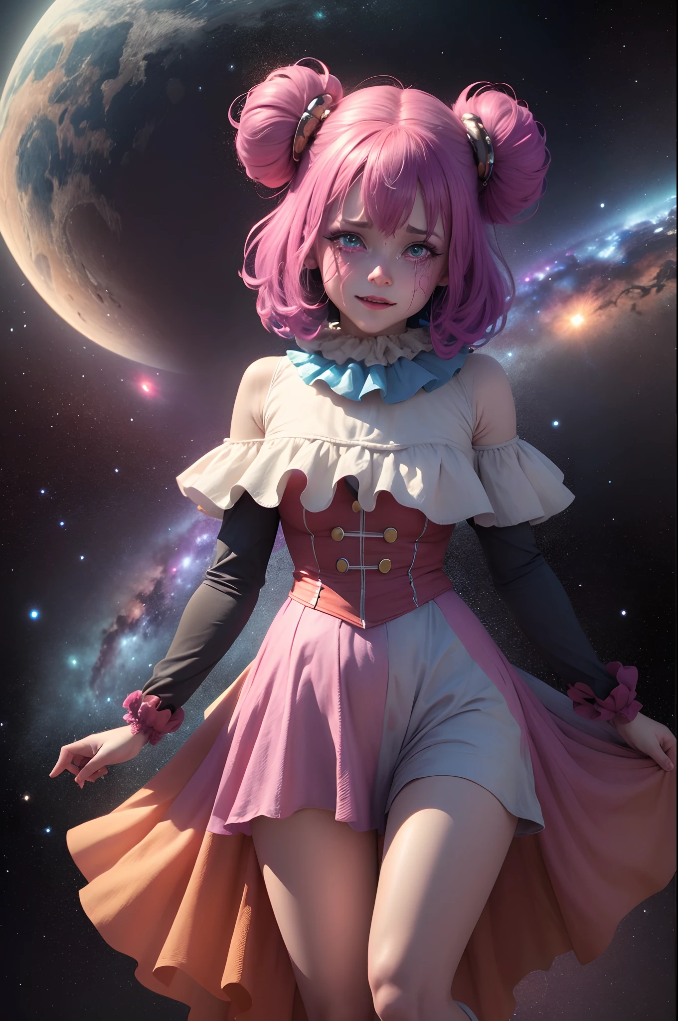 (best quality,4k,8k,highres,masterpiece:1.2),ultra-detailed,(realistic,photorealistic,photo-realistic:1.37), alien female clown crying for the galaxy,illustration,detailed face,cosmic background,vibrant colors,studio lighting,teary eyes, neon light effects,galactic makeup,sparkling tears,painting-like,emotional expression, dreamy atmosphere, Martian clown girl, full body