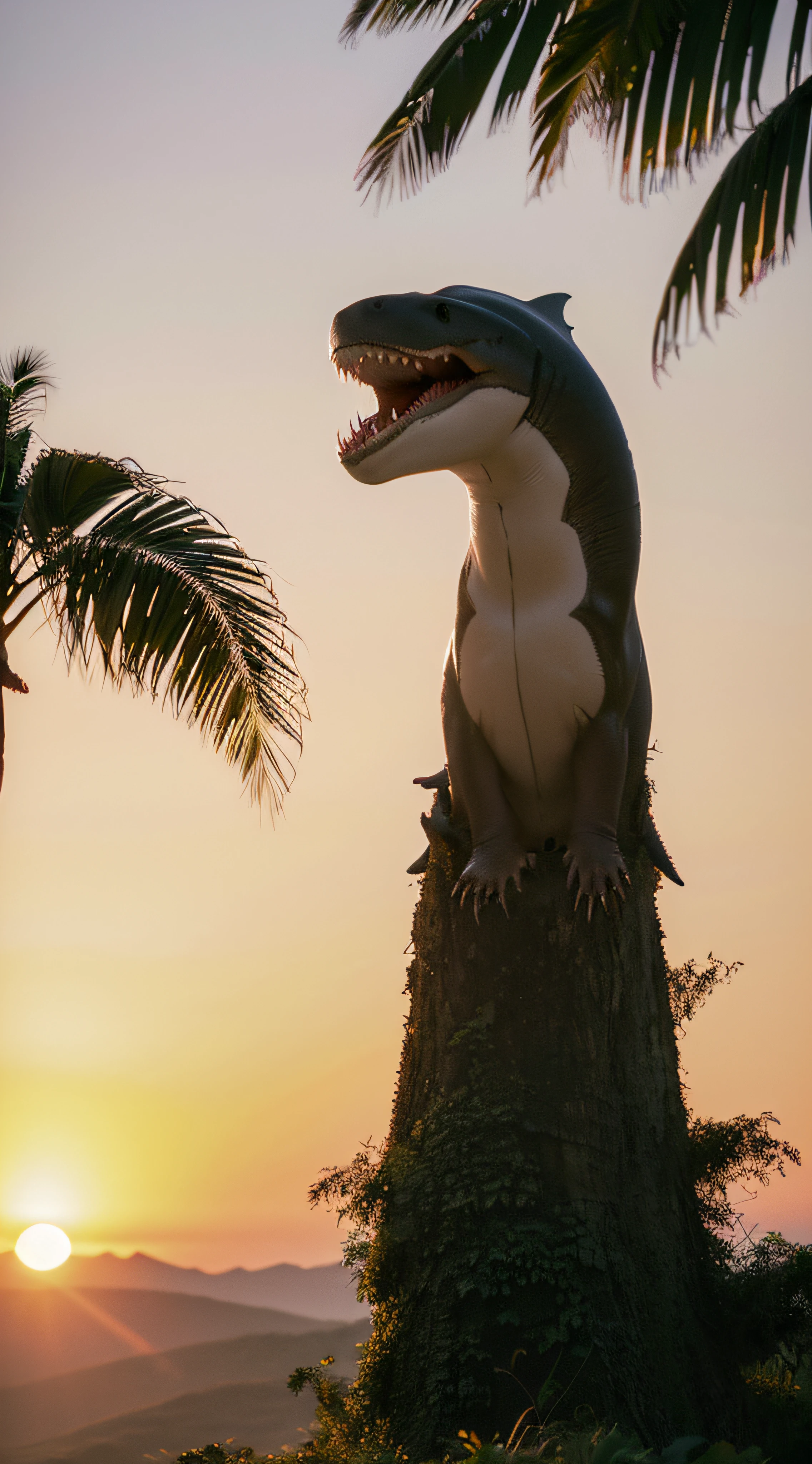 (extremadamente detallado, obra maestra, La mejor calidad, foto antigua, principios de siglo, VHS Aesthetics).(Gran mutante: white shark head and body of a T-Rex.)(jungla espesa), luz amanecer.