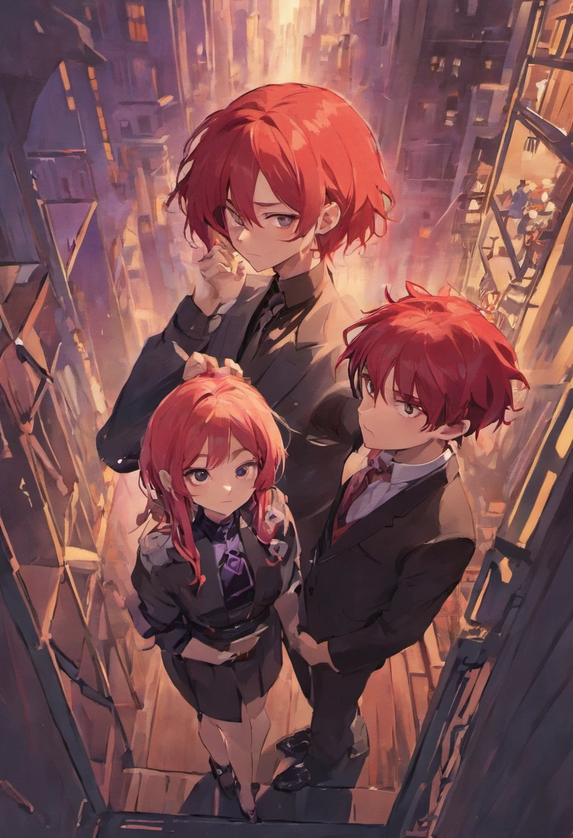 Eijiro Kirishima Guy. Guy's red hair. Tall guy with red hair. ((Guy's red hair)). Tuxedo Guy. Guy standing in suit. Girl with long hair. ((Girl with purple hair)) ((Kirishima Eijiro's boyfriend, My Anime Hero Academia)) Girl in a black dress. Black Bodycon Silk Dress. Girl with purple hair. Girl Purple Eyes. Roof of the building.  Girl purple hair, Guy with red hair. Mafioso