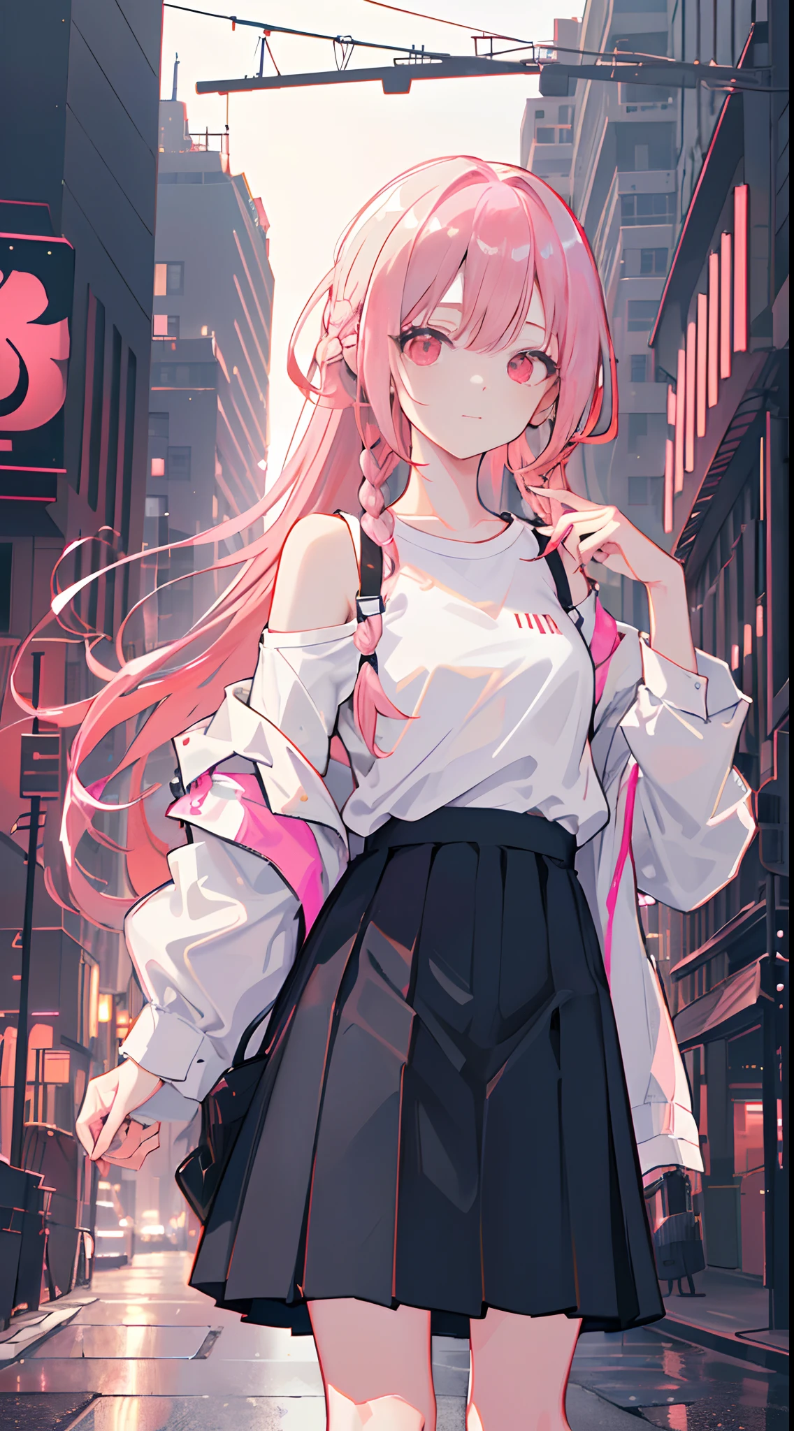 1girl, solo, li, pee, (very_long_hair), (pink_hair:1.2), braids, (red_eyes), medium_breasts, (white_shirt:1.5), (windbreaker), (off_shoulder:1.2), (portrait), glowing_eyes, background_light, (cityscape:1.5), (pleated skirt, )(neon_lights:1.2), (science), cyberpunk, ((masterpiece)), (highres), (best_quality), (highly_detailed), (original),(Delicate background),(extremely detailed 8K wallpaper),cinematic lighting, volume lighting, light particles, shaded_face, beautiful_detailed_eyes, depth_of_field, perspective,