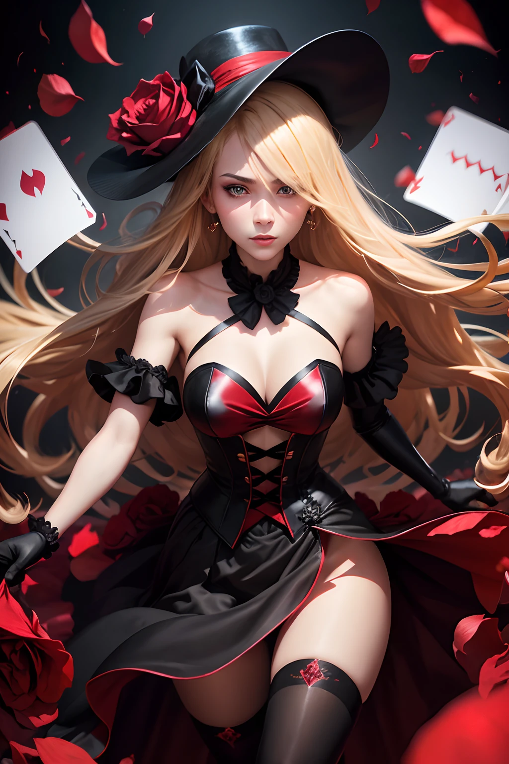 magician girl, floating cards, dramatic lighting, red rose petals falling around her, short black halter dress, wearing magician hat, sparkles, wearing black tights, half body view, spotlight, dark background, dynamic lighting, beautiful makeup, long hair, blonde hair, black and red theme