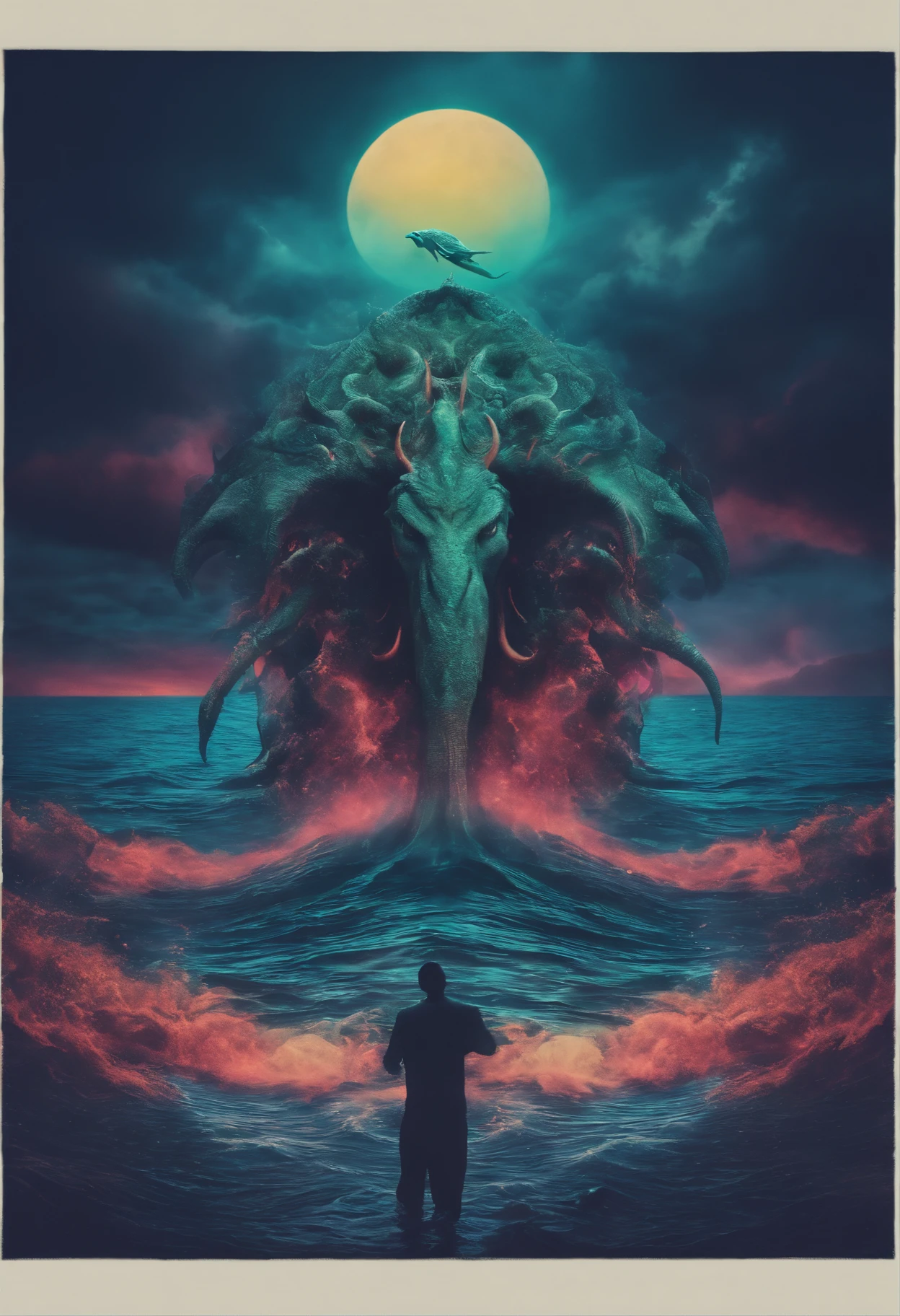 Psychedelic ocean scene fantasy horror colorful nightmare moon monsters