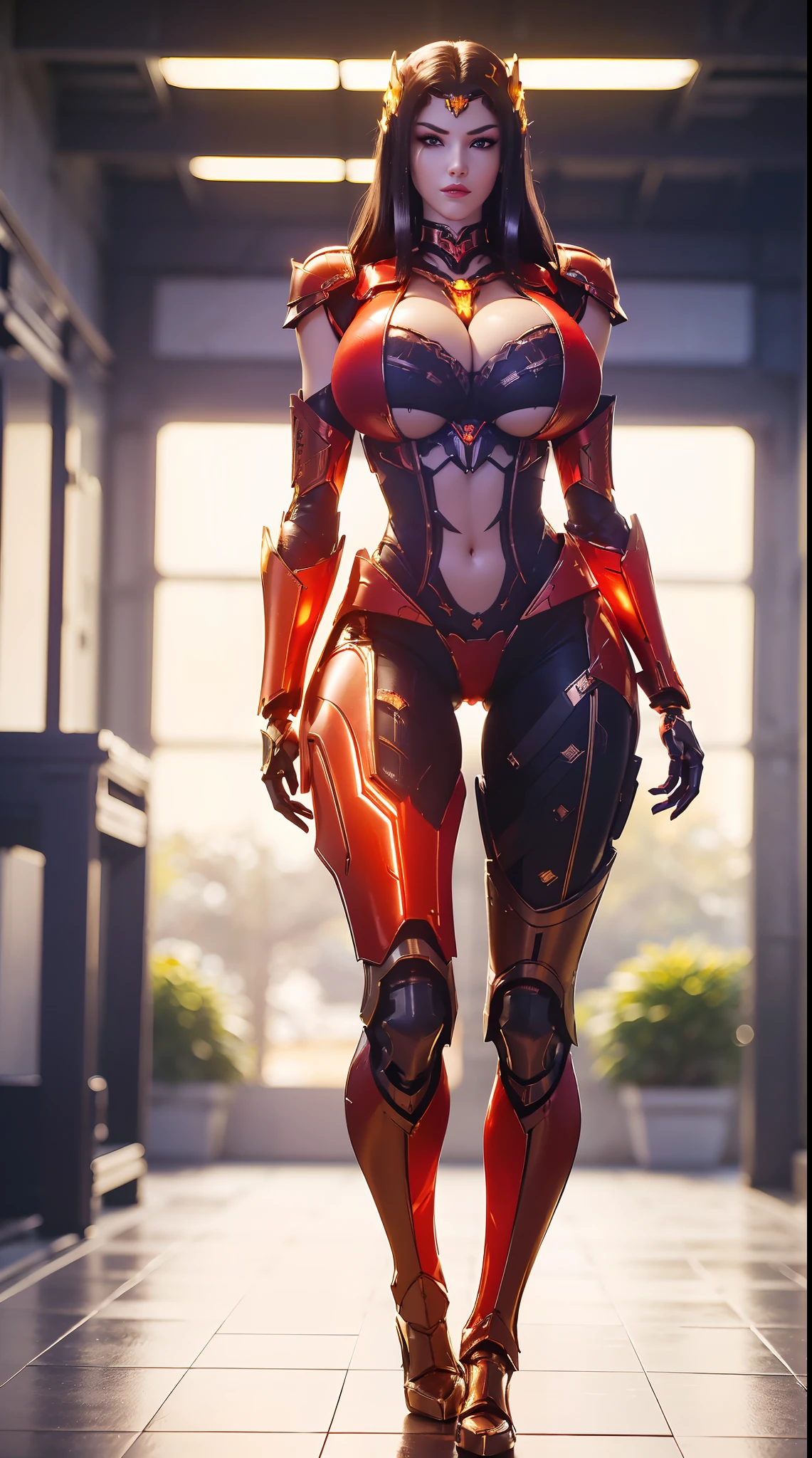 (1GIRL, ALONE, SOLO), (super detailed face), (Long Hair:1.7), (mecha Phoenix helm:1.2), (BIG BUTTOCKS, 11 LINE ABS, HUGE BOOBS:1.5), (MECHA GUARD ARM:1.3), (RED MECHA CYBER ARMORED, CLEAVAGE, MECHA SKINTIGHT SUIT PANTS, DIAMOND CORE IN ARMOR, MECHA GUARD ARMOR LEGS, HIGH HEELS:1.5), (THICC BODY, SEXY LONG LEGS, HALF BODY:1), (LOOKING AT VIEWER:1.3), (famale focus:0.886), (WALKING DOWN HALLWAY OF FUTURISTIC SPACE STATION:1), (BRIGHT LIGHTING:1.5), SUPER TEXTURE, UNREAL ENGINE RENDER, PHYSICALLY-BASED RENDERING, ULTRA HIGHT DEFINITION, 16K, 1080P.