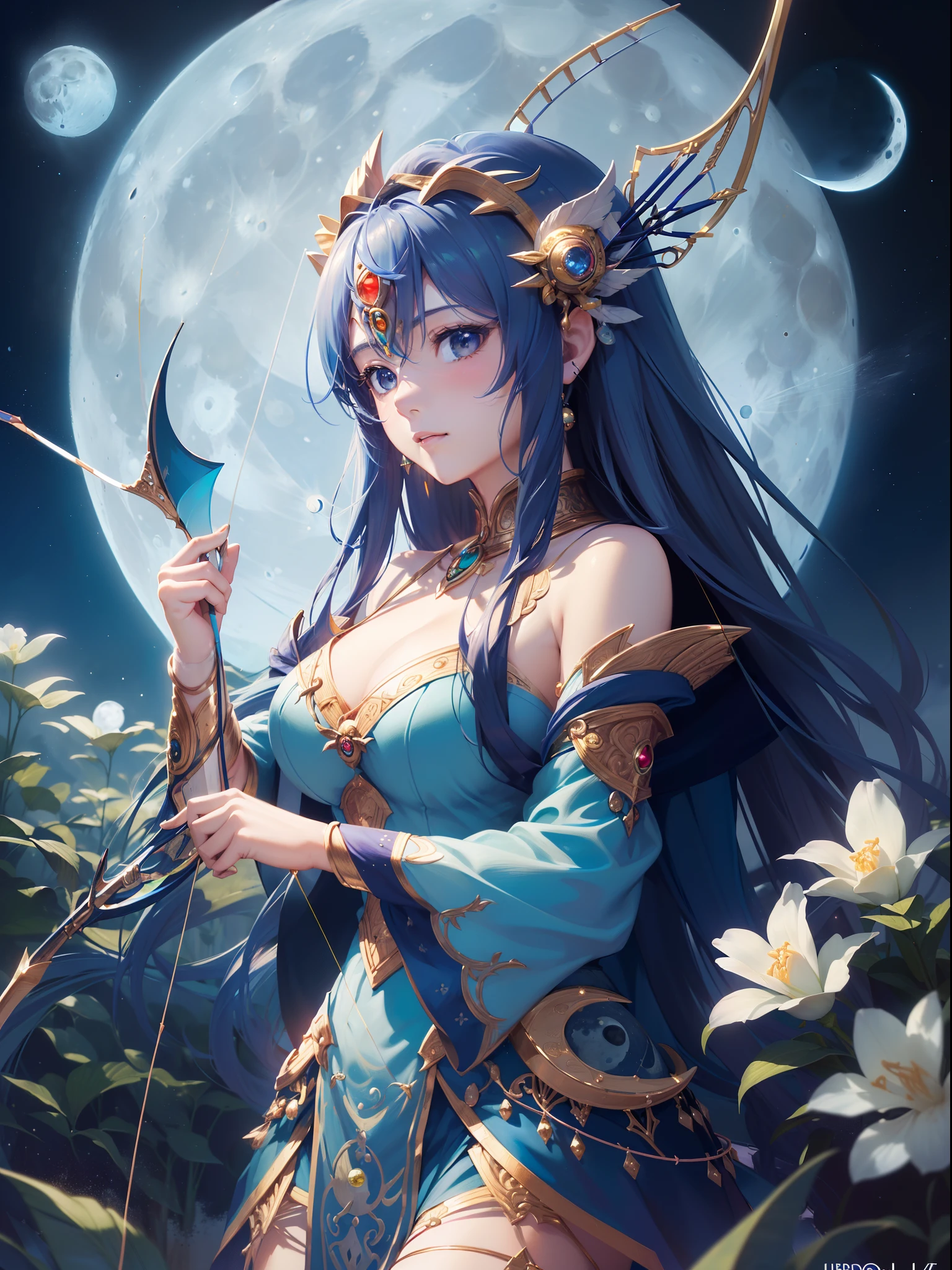 ((Finest quality)),(超A high resolution),(ultra-detailliert),((Best Anime)),sharpnes,vivid:1.1,Fantasy art with astounding depictions,Dense and detailed blue moon:1.6,grass field, ((goddess of the moon),Hold your bow and arrow towards the sky:1.5)