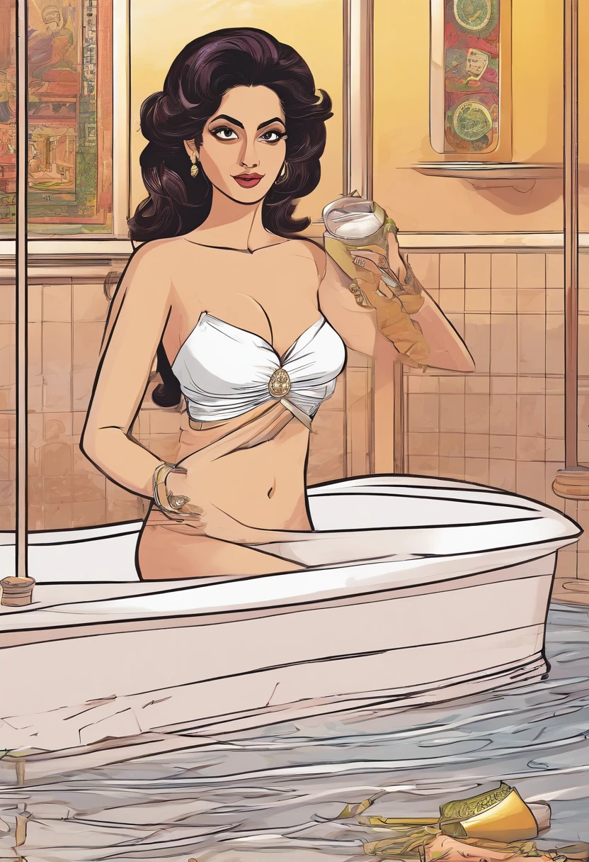 an uncensored comic book showing renowned Indian actress sridevi kapoor at the age of 40 poses completely naked along with a man in his bathtub, (full body image),(navel visible),(SFW:1.2)