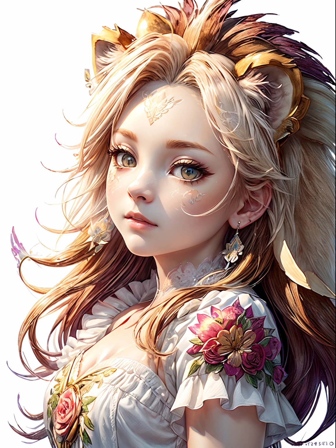 ((white background)), ((clipart )), ((sticker)), (((lion ear)), watercolor beautiful wild rose fantasy art, perfect eyes with beautiful face and flowers, angel wings, chibi cute animation style, vivid vivid colors, intricate details, hyper detail, hyper quality, 32K, Unreal Engine, isolated on white background, cute, twinkle
