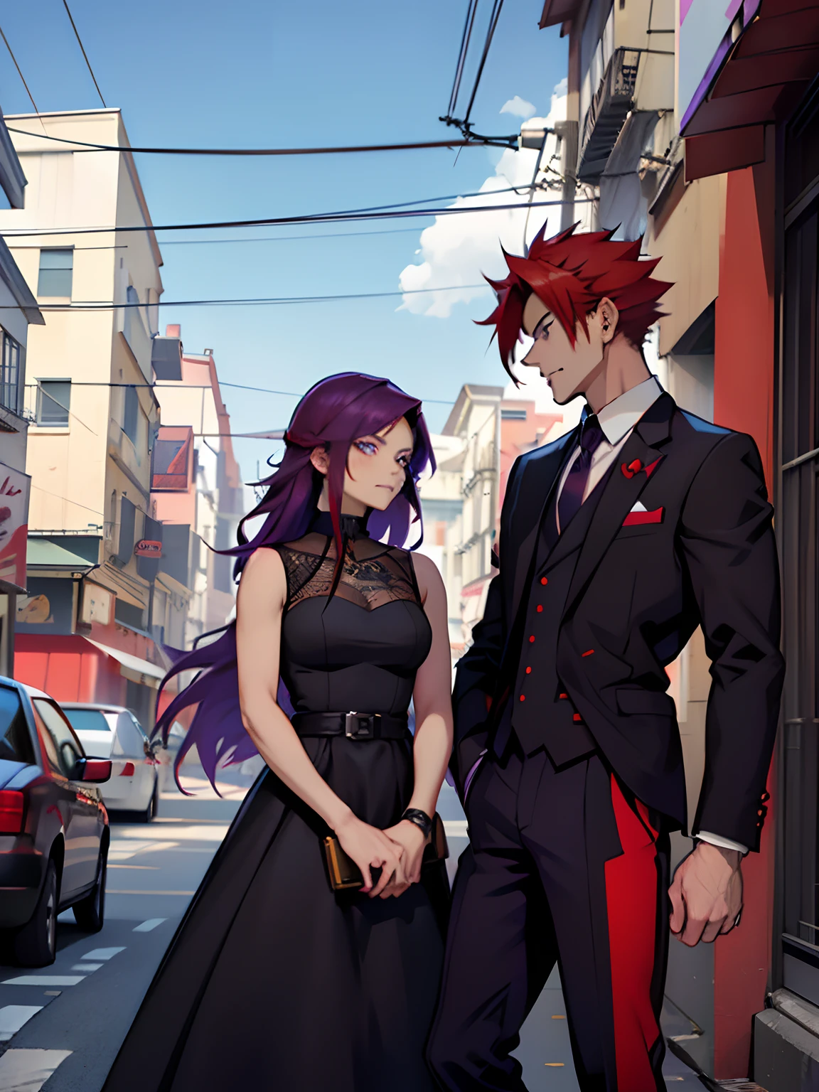 Eijiro Kirishima Guy. Guy's red hair. Tall guy with red hair. ((Guy's red hair)). Tuxedo Guy. Guy standing in suit. Girl with long hair. ((Girl with purple hair)) ((Kirishima Eijiro's boyfriend, My Anime Hero Academia)) Girl in a black dress. Black Bodycon Silk Dress. Girl with purple hair. Girl Purple Eyes. Roof of the building. Girl purple hair, Guy with red hair. Mafioso