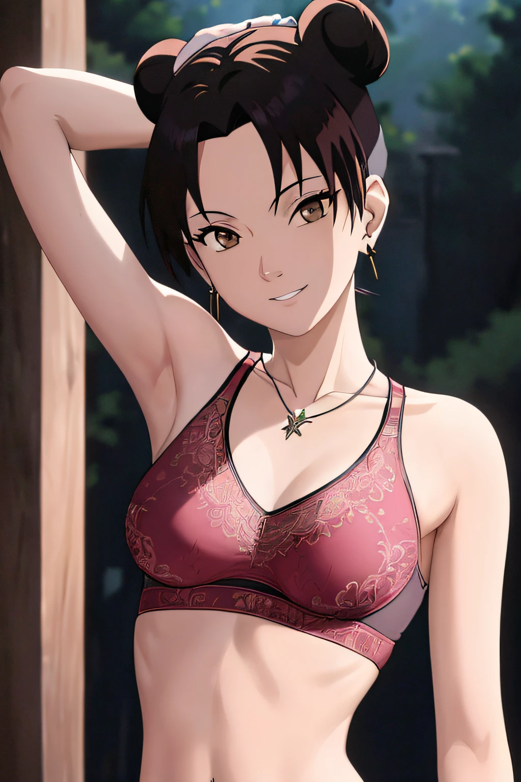 masterpiece, absurdres , (intricate details), (colorful),cinematic lighting,bust shot,extremely detailed CG unity 8k wallpaper,tenten\(shippuden\), 1girl, solo, charming smile, looking at viewer, medium breasts, earrings, necklace, outdoors, sports bra, midriff, perfect body,