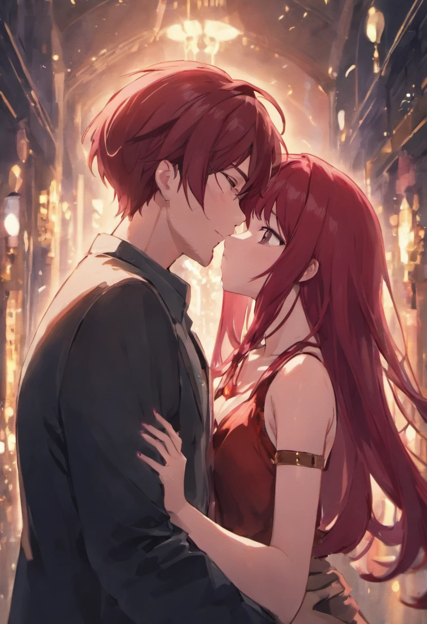 Couple in love. Man with short red hair hugging and comforting girl with long purple hair. Girl crying.Love, romance