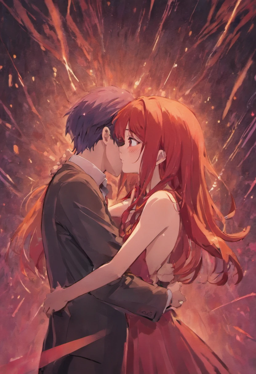Couple in love. Man with short red hair hugging and comforting girl with long purple hair. Girl crying.Love, romance
