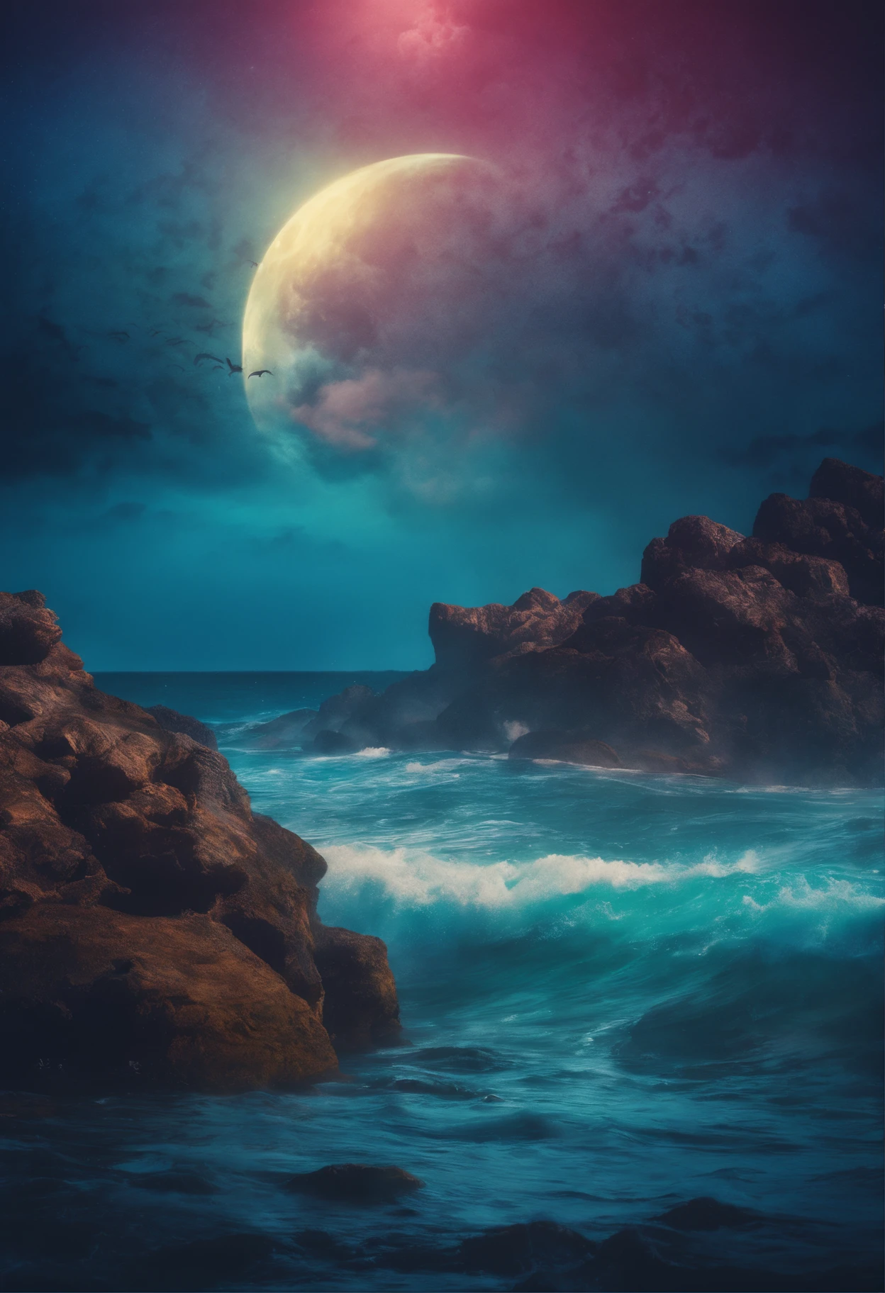 Psychedelic ocean scene fantasy horror colorful nightmare moon monsters