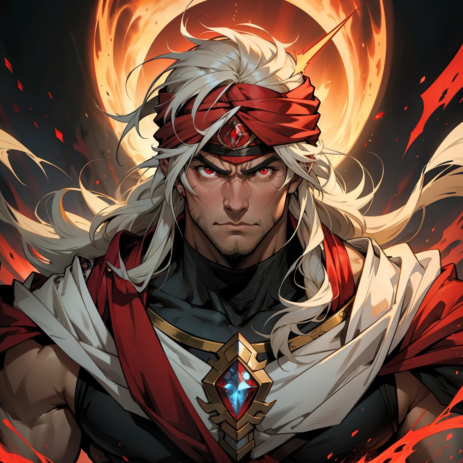 Hokuto no Ken Face Structure Style with Red Turban Handsome Muscular Warrior Long Hair White Red Eyes Medieval Crystal with its scary demons