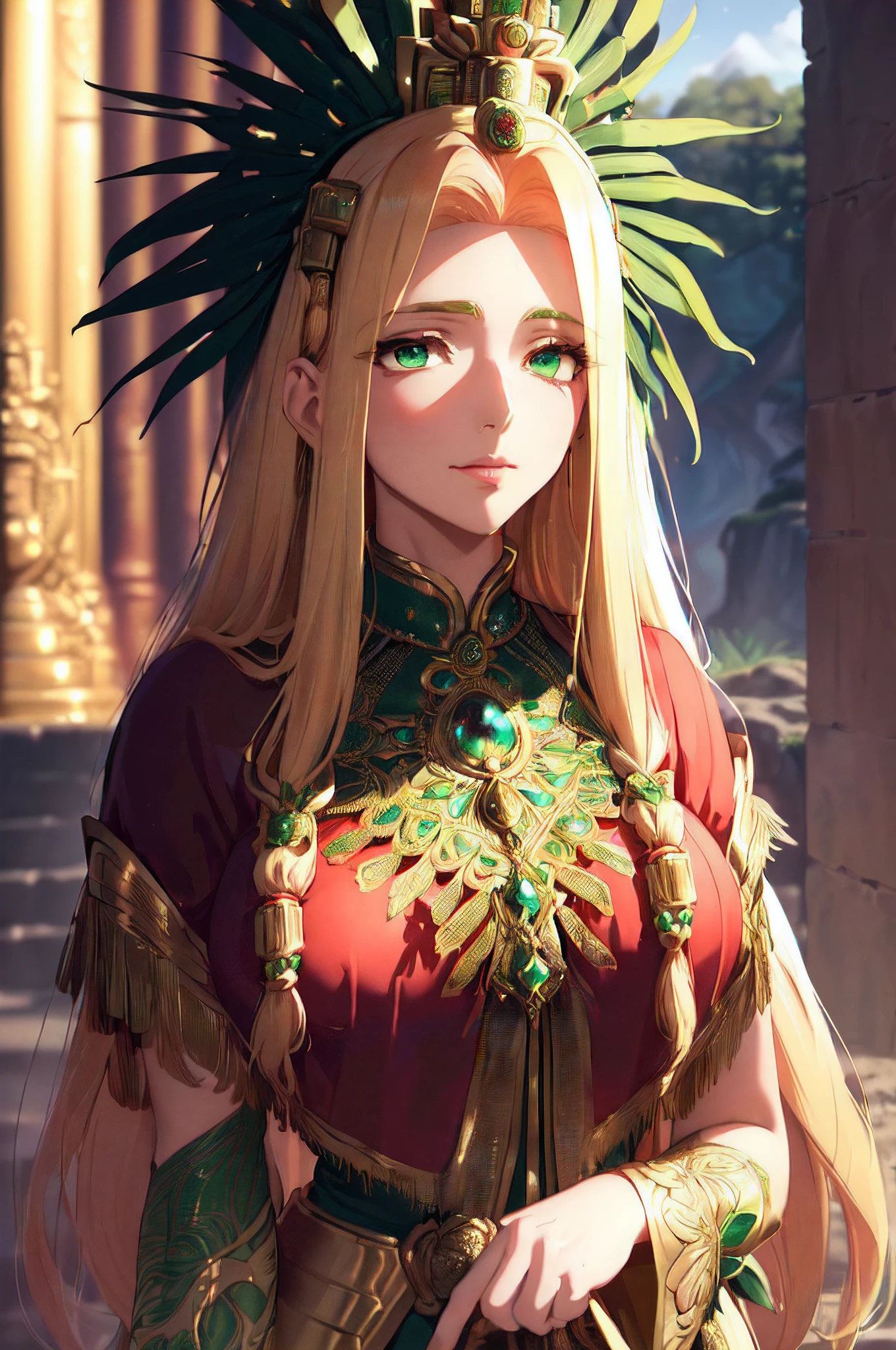 (masterpiece, best quality, high resolution:1.3), depicting the character Quetzalcoatl from Fate/Grand Order Absolute Demonic Front: Babylonia, (meticulously detailed to showcase her divine beauty as a goddess:1.3), (long, radiant, and feathered serpentine hair cascading down her back:1.2), (green eyes with a charismatic and powerful gaze, intricately detailed in a mesmerizing shade of green:1.3), (features exuding a captivating and divine aura:1.2), (immersed in a perfect background, capturing the essence of her temple:1.2), (featuring intricate details of the temple architecture, emphasizing its grandeur and divine significance:1.3), (dramatizing the image to highlight her charismatic and beautiful presence:1.2), (exceptionally detailed to convey the sublime nature of her character and the temple surroundings:1.2), (ambient lighting strategically placed to enhance her features and the temple's grandeur:1.2), (best lighting conditions for optimal quality, balancing soft and divine lighting to highlight both subject and background:1.2), (surrounded by an environment that seamlessly integrates her beauty with the divine spectacle of the temple:1.1), (subtle hints of sunlight filtering through ancient architectural details, casting a divine glow:1.1), (Sony A7R IV camera for unparalleled quality and detail:1.2), (paired with a Sony FE 85mm f/1.4 GM lens for capturing the nuanced details of her features:1.2), (capturing the detailed beauty of Quetzalcoatl and the divine surroundings, creating a scene of divine allure and beauty:1.5), (enhancing the immersive and divine atmosphere:1.1), (delivering an image that beautifully portrays Quetzalcoatl as a charismatic and stunning goddess, set against the majestic backdrop of her temple:1.1).