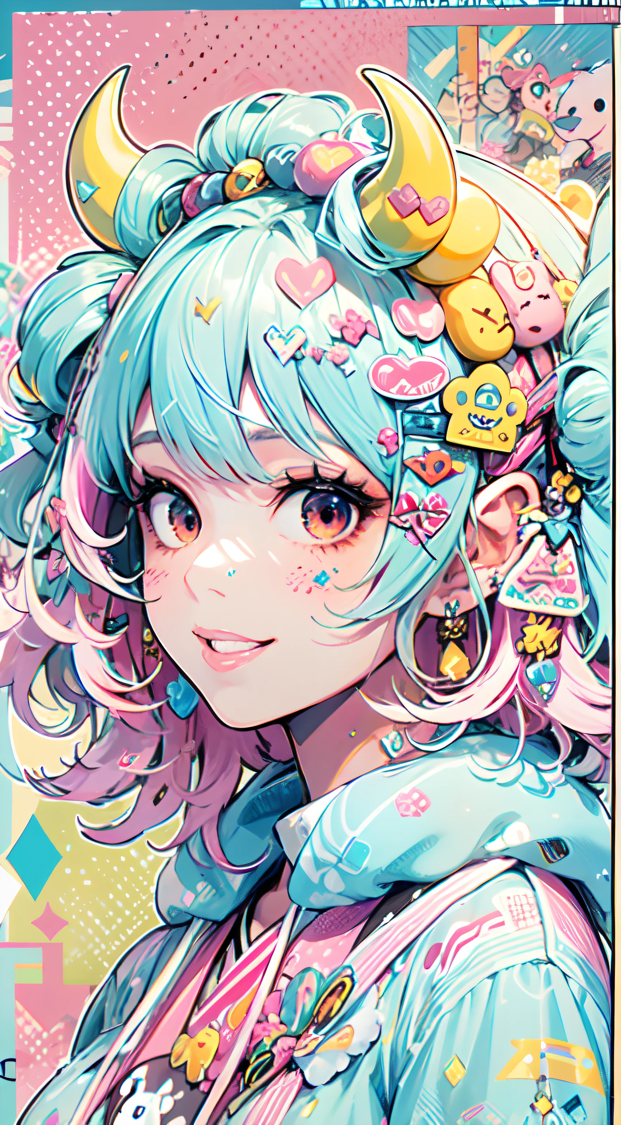 grayscales、grayscales、"kawaii, Cute, Adorable Lady in Pink, yellow, and baby blue color scheme. She wears sky-themed clothing with clouds and sky motifs. Her outfit is fluffy and soft, With decora accessories like hair clips. She embodies a vibrant and trendy Harajuku fashion style." White hair, Red Eyes, Horns, Demon Wings, Colossal tits,Big ass, Big lips, juicy lips, Huge hair, Smile