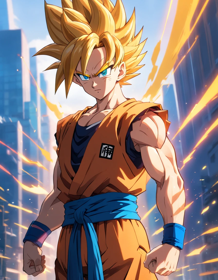 Gogeta de dragon ball super broly,Menino de 17 anos,cabelos negros, usando roupas modernas,belos olhos e rosto,penteado legal,juvenile expression,pose confiante,Fundo Urbano,Artistic portrait,pintura digital,ultra-detalhado,Altas,Physically-based rendering,cores vibrantes,studio lighting,foco nítido,Bokeh,fotorrealista.