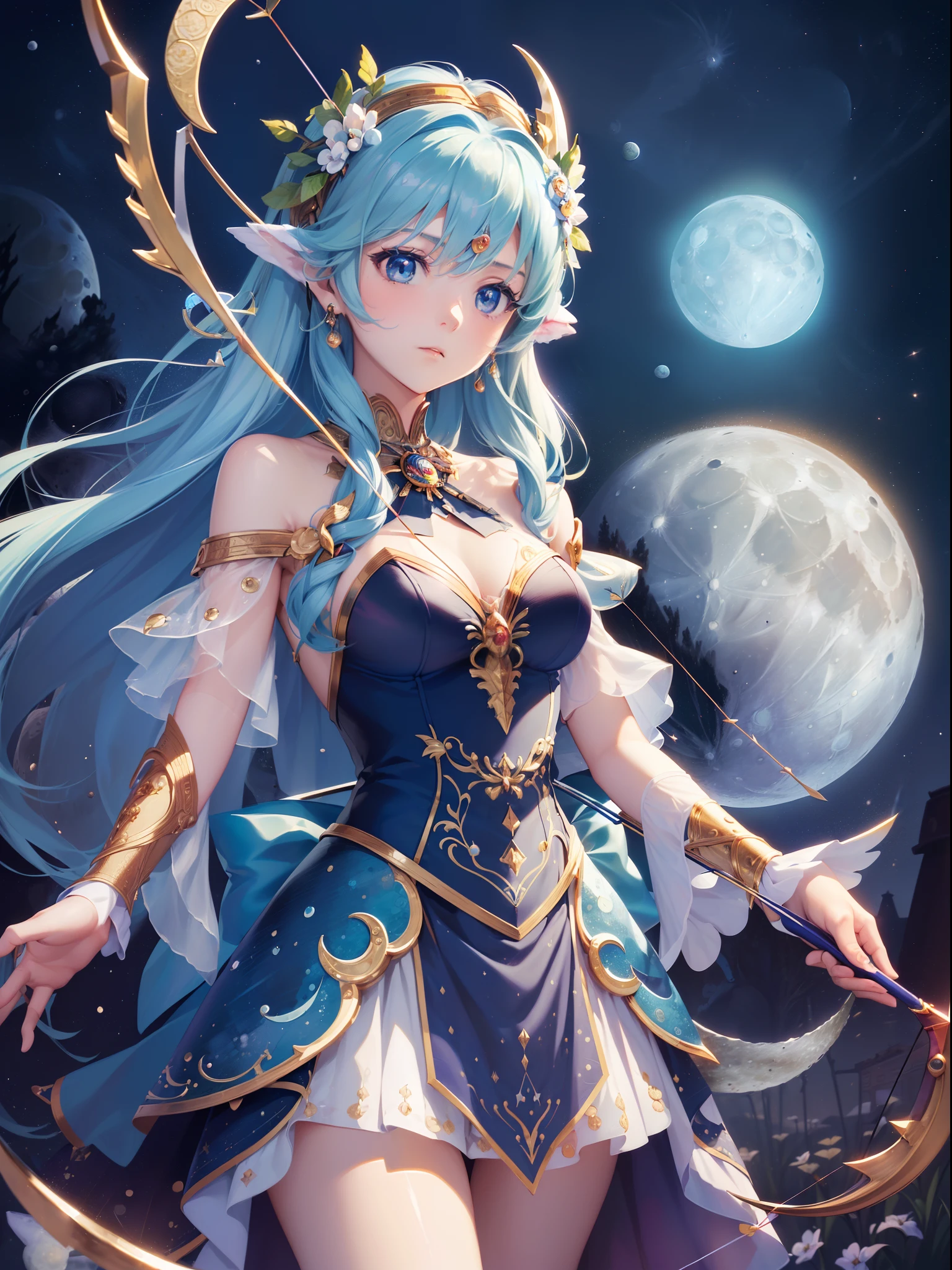 ((Finest quality)),(超A high resolution),(ultra-detailliert),((Best Anime)),sharpnes,vivid:1.1,Fantasy art with astounding depictions,Dense and detailed blue moon:1.6,grass field, ((goddess of the moon),Hold your bow and arrow towards the sky:1.5)
