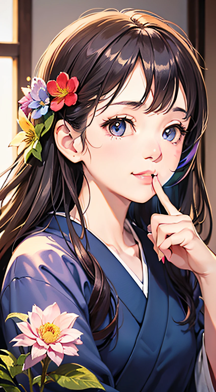 1girl,Lovely,Light and shadow,(Rainbow on the tip of the nose:1.1),(Rainbow on the face:1.3),(Japanese Furniture:0.9),Sunshine,Half-body,Depth of field,Top light,Light and shadow delicate,Flowers,Rainbow,