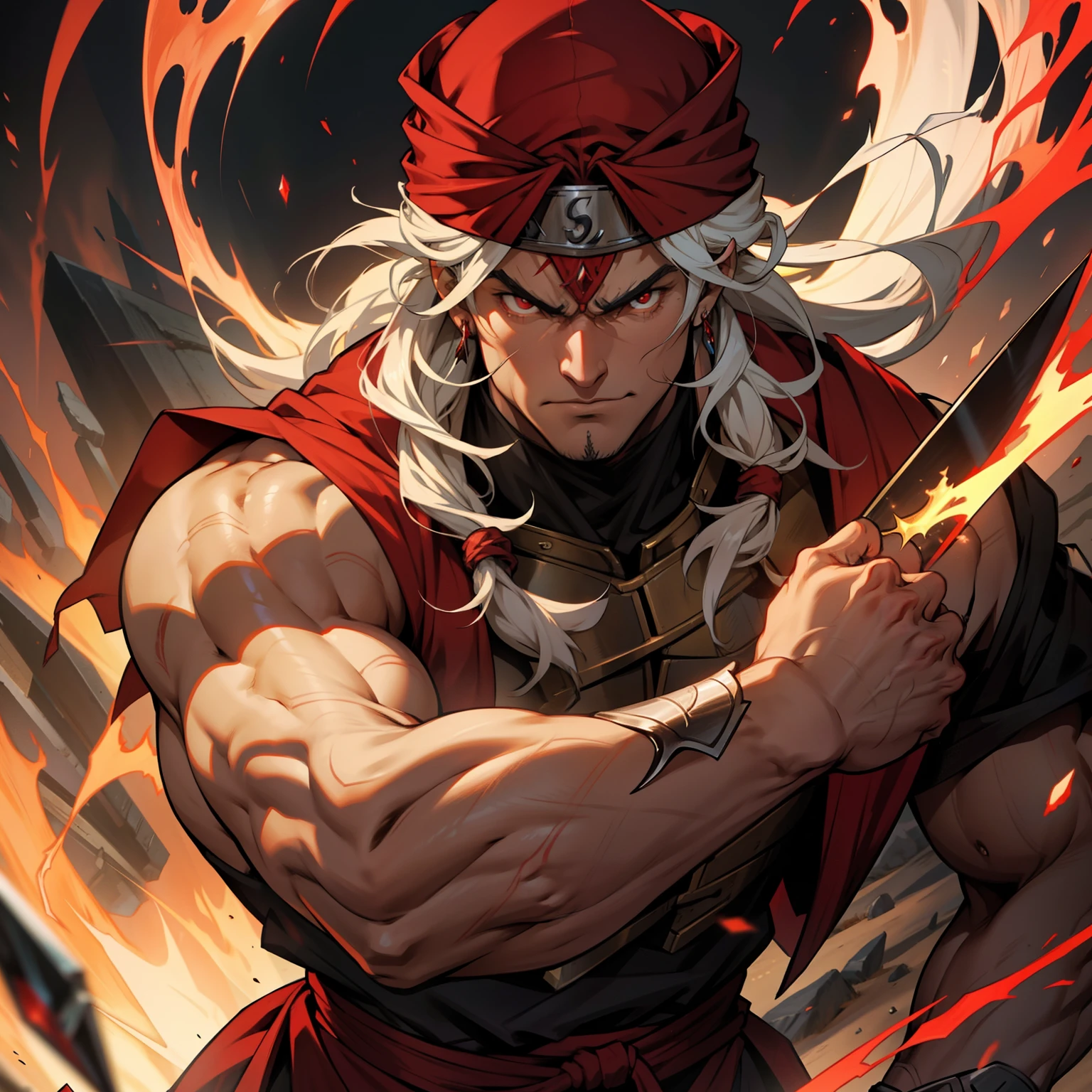 Hokuto no Ken Face Structure Style with Red Turban Handsome Muscular Warrior Long Hair White Red Eyes Medieval Crystal with its scary demons