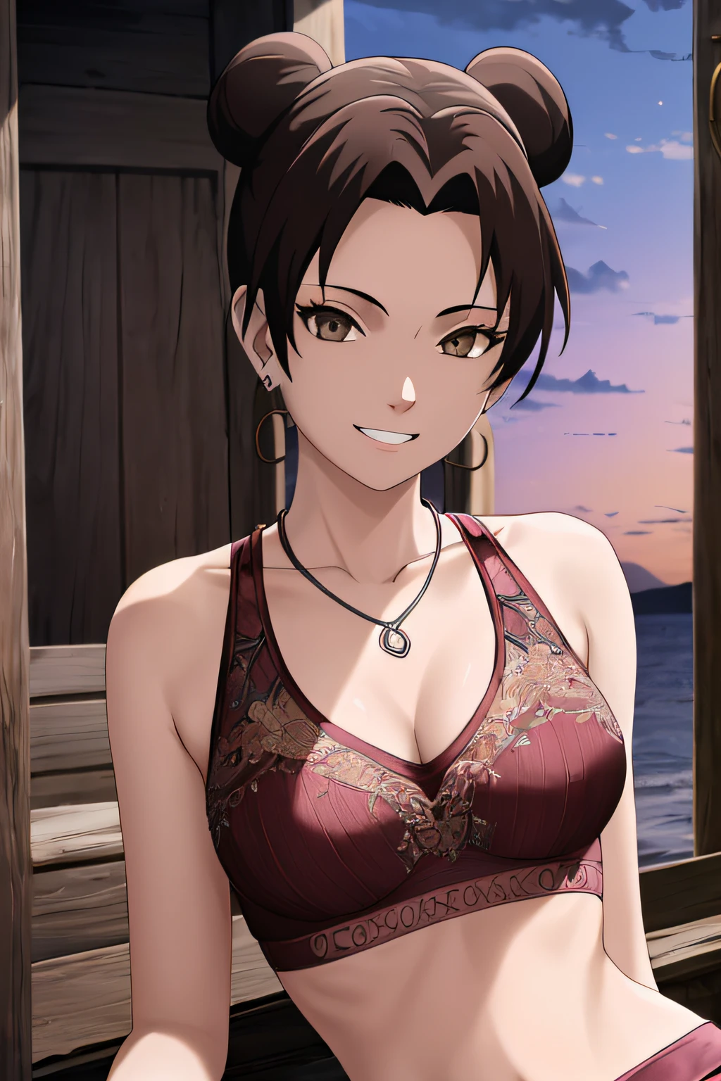 masterpiece, absurdres , (intricate details), (colorful),cinematic lighting,bust shot,extremely detailed CG unity 8k wallpaper,tenten\(shippuden\), 1girl, solo, charming smile, looking at viewer, medium breasts, earrings, necklace, outdoors, sports bra, midriff, perfect body, cleavage,