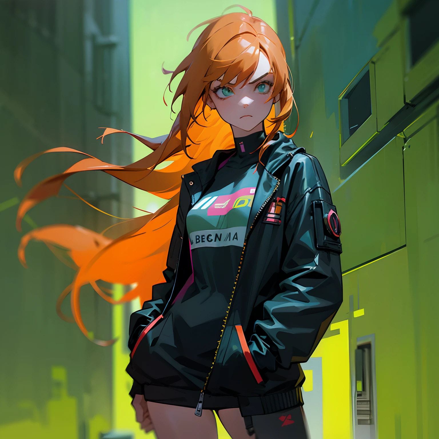 Cyberpunk, luzes neon green,1girl,corpo inteiro, hands in a pocket, orange hair,sardas, Blue iris,beco de rua, olhando para o telespectador, expression serious, roupas ciberpunk, adulto,30 anos,