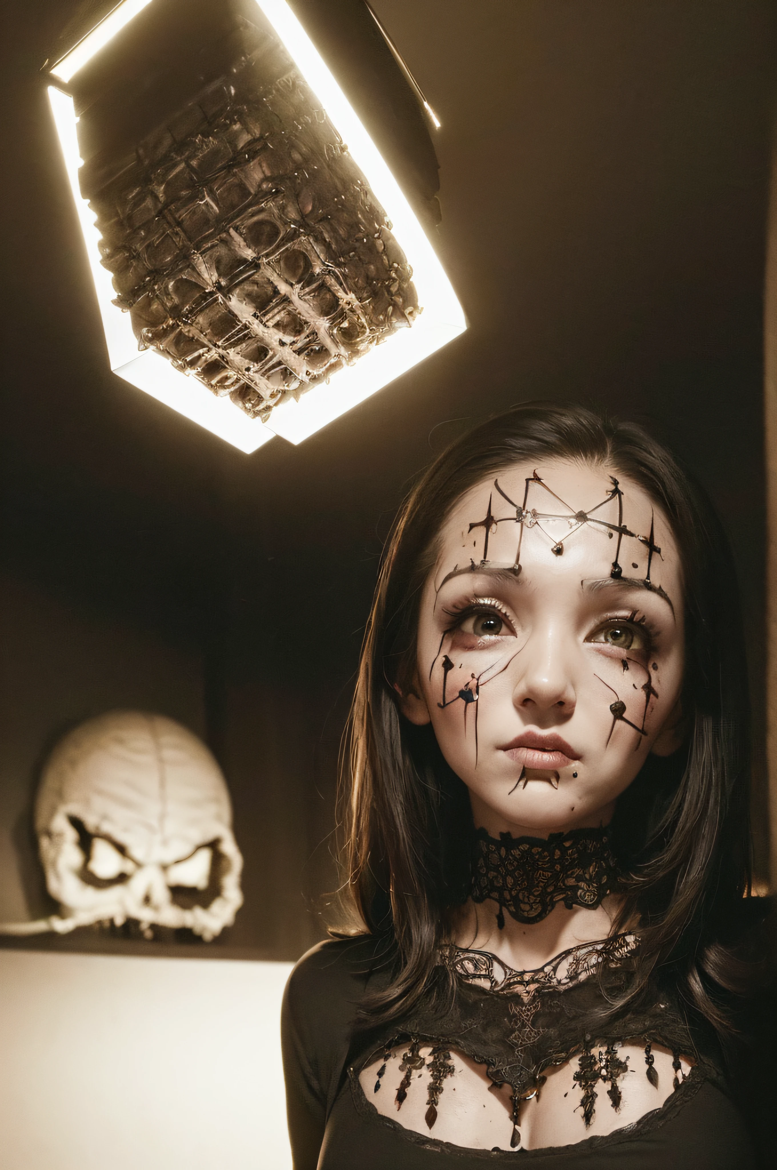 "(The best lighting, oscuro, dramatic),(feto calavera alien, Hellraiser, Cicatrices, , sexy, cerebro, sangre, una rata dentro de la cabeza, terror.),(ojos rojos, calaveras). morning light.