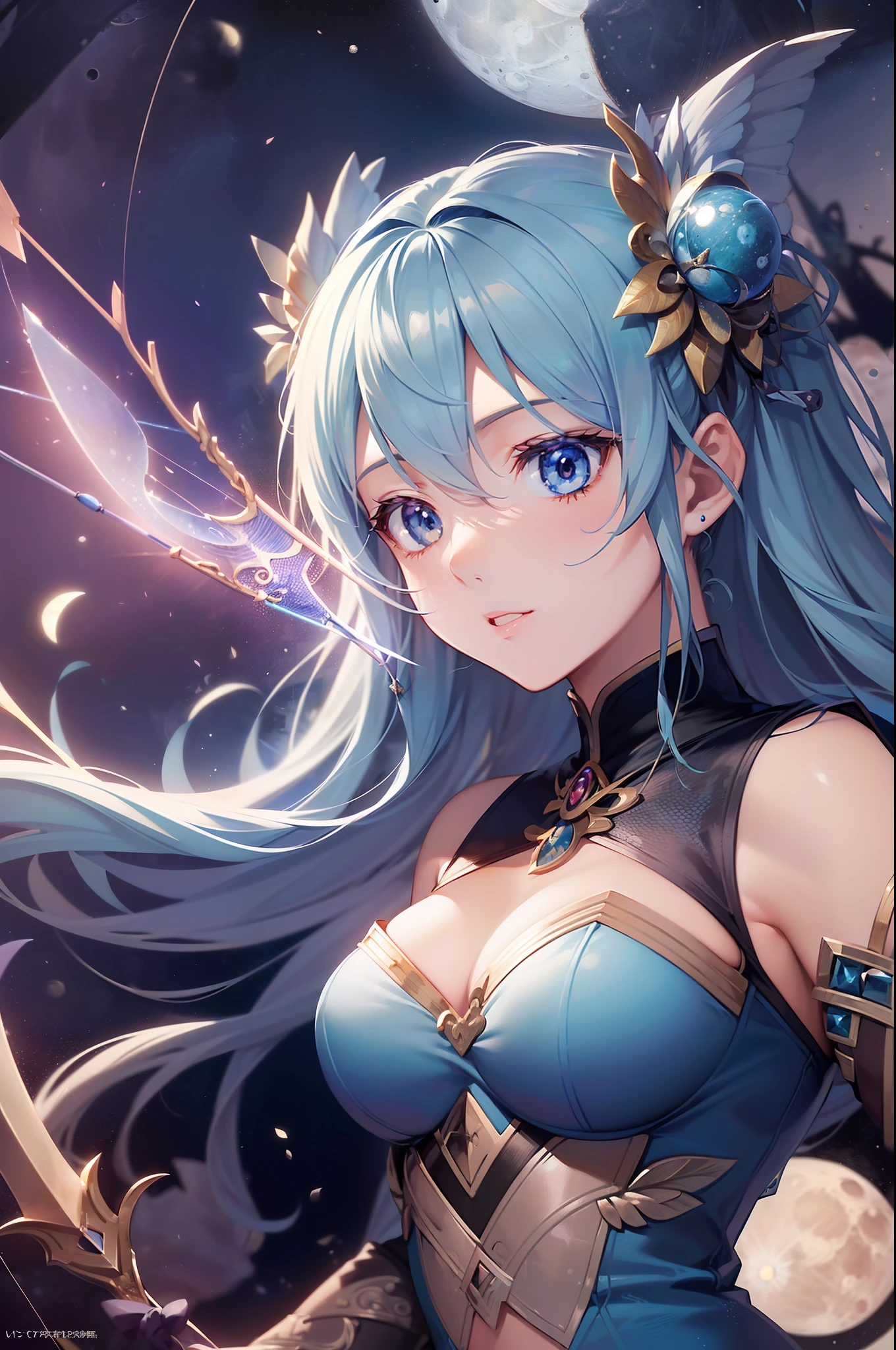 ((Finest quality)),(超A high resolution),(ultra-detailliert),((Best Anime)),sharpnes,vivid:1.1,Fantasy art with astounding depictions,Dense and detailed blue moon:1.6,grass field, ((goddess of the moon),Hold your bow and arrow towards the sky:1.5)