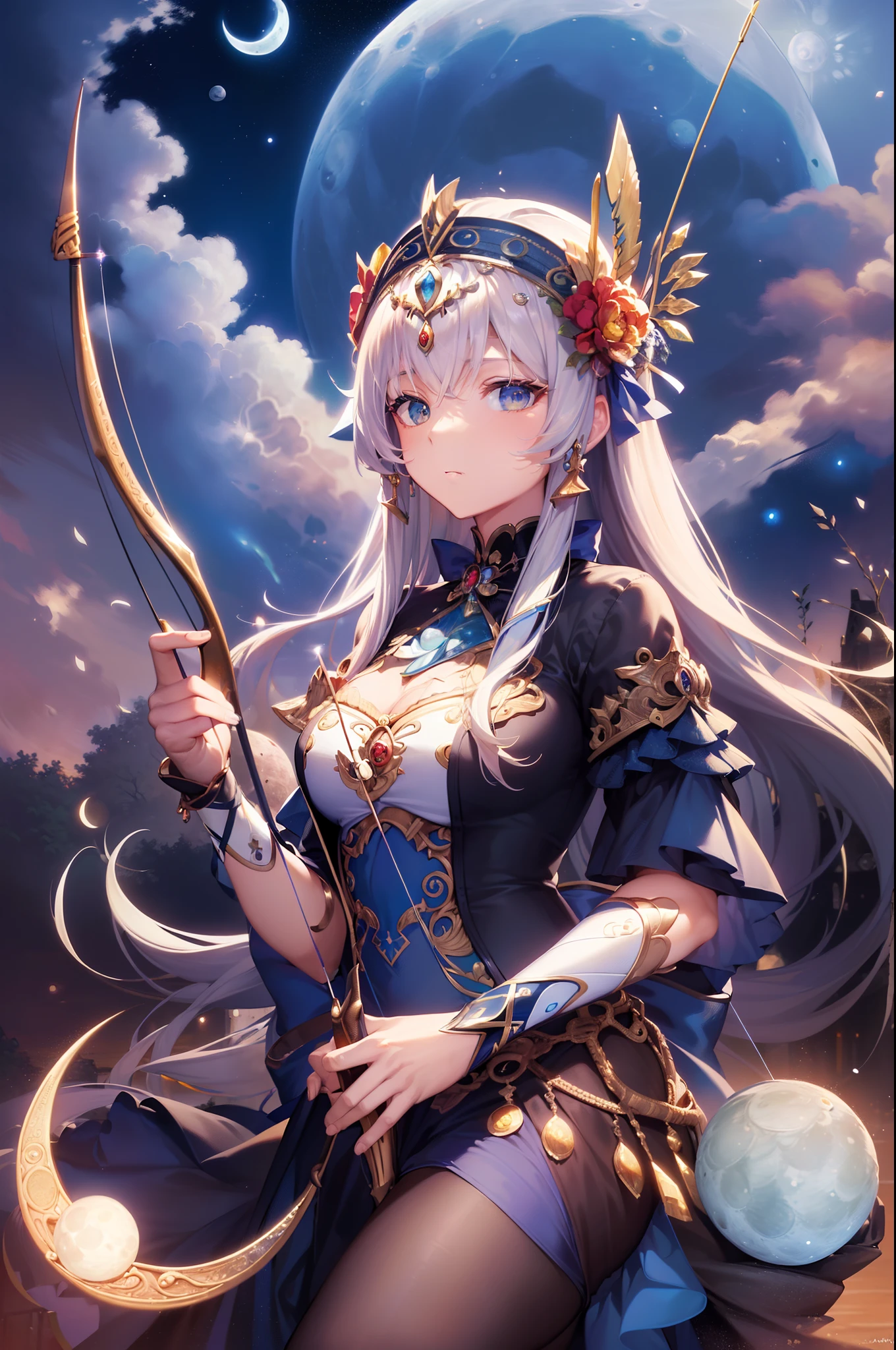 ((Finest quality)),(超A high resolution),(ultra-detailliert),((Best Anime)),sharpnes,vivid:1.1,Fantasy art with astounding depictions,Dense and detailed blue moon:1.6,grass field, ((goddess of the moon),Hold your bow and arrow towards the sky:1.5)