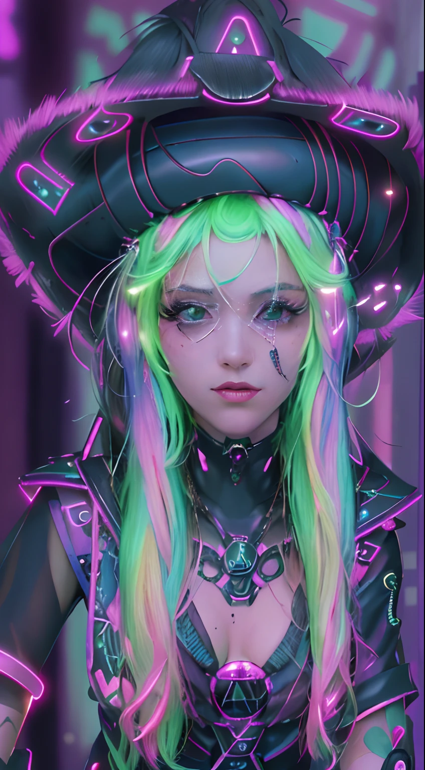 Obra maestra, La mejor calidad, Dark Magician Gils Cyberpunk Confident, Conjunto pop inspirado en Harajuku, Colores y patrones llamativos, Accesorios llamativos, Peinado moderno e innovador, Maquillaje vibrante, Paisaje urbano deslumbrante cyberpunk, Rascacielos, neon signs, Luces LED, Esquema de colores brillantes y vivos, anime, illustration, Textura detallada de la piel, Textura detallada de la tela, Hermosa cara detallada, Detalles intrincados, Ultra detallado. Dark magician gils cyberpunk hot version