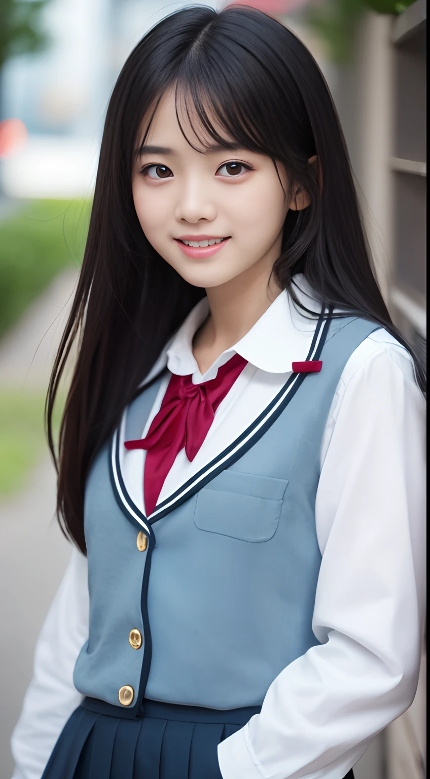 Very beautiful and cute girl like an angel, perfect anatomical body, beautiful detailed eyes, detailed double eyelids, (soft saturation: 1.3), (fair skin: 1.3), (big eyes: 1.4), brown long straight hair, see-through bangs, sharp focus, beautiful detailed face and eyes, droopy eyes, small nose, small straight mouth, happy smile showing teeth, beautiful face, detailed face, perfect proportions, big breasts, slender Waist, big butt, crotch gap, sexy thighs,
  (Fnet stockings on the lower body only: 1.4), (Very large fishnet stockings: 1.5), (Very beautiful cute young girl: 1.4), In the city,
(Super Shiny Metallic Navy Blazer: 1.4), (School Uniform: 1.3), (Super Reflective Uniform: 1.4), (Blue Ribbon Tie: 1.2), White Blouse,
(dancing, intense dancing, dynamic pose, changing pose, dynamic angle, revealing costume + hair,),