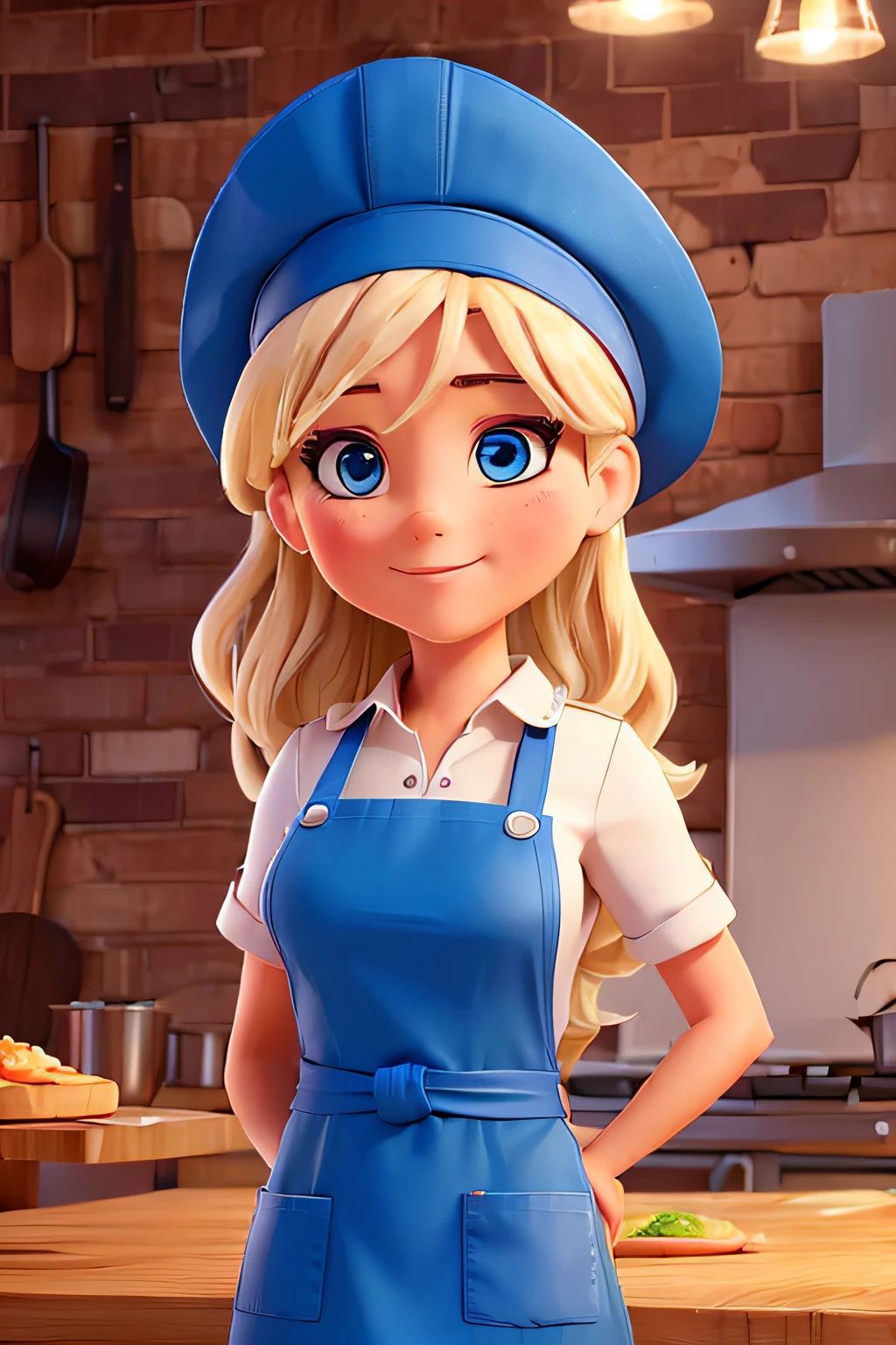(((WOMAN))) ITALIAN blonde pizzaiola, blue eyes, in a pizzaiola uniform, with apron and COOK'S HAT, INSIDE THE KITCHEN OF A PIZZARIA, CLOSE UP, looking FRONT WITH the viewer