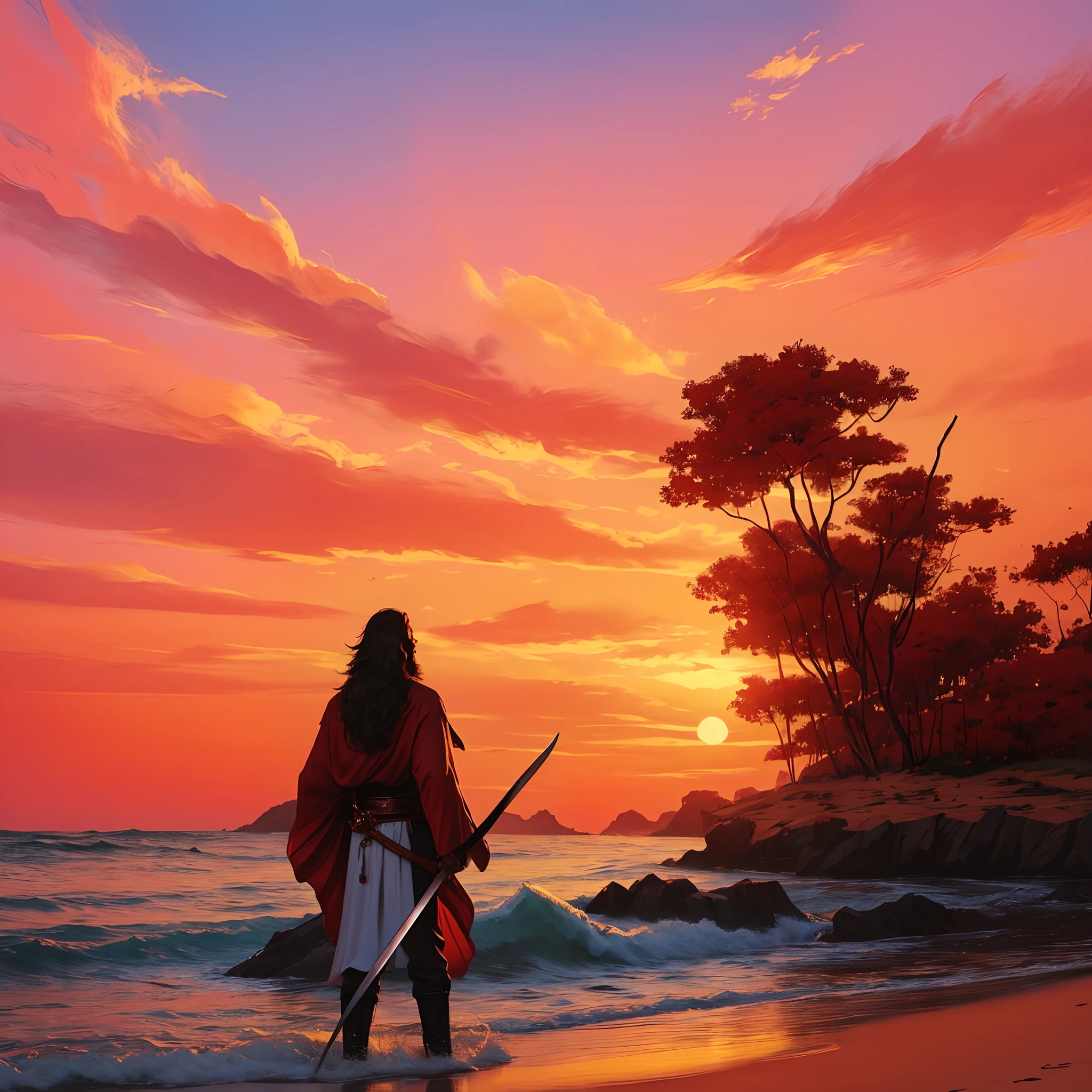 homem de cabelo cacheado castanho escuro, andando em um reino com uma espada. Cores do ambiente vividos, Warm weather and magical red sky.