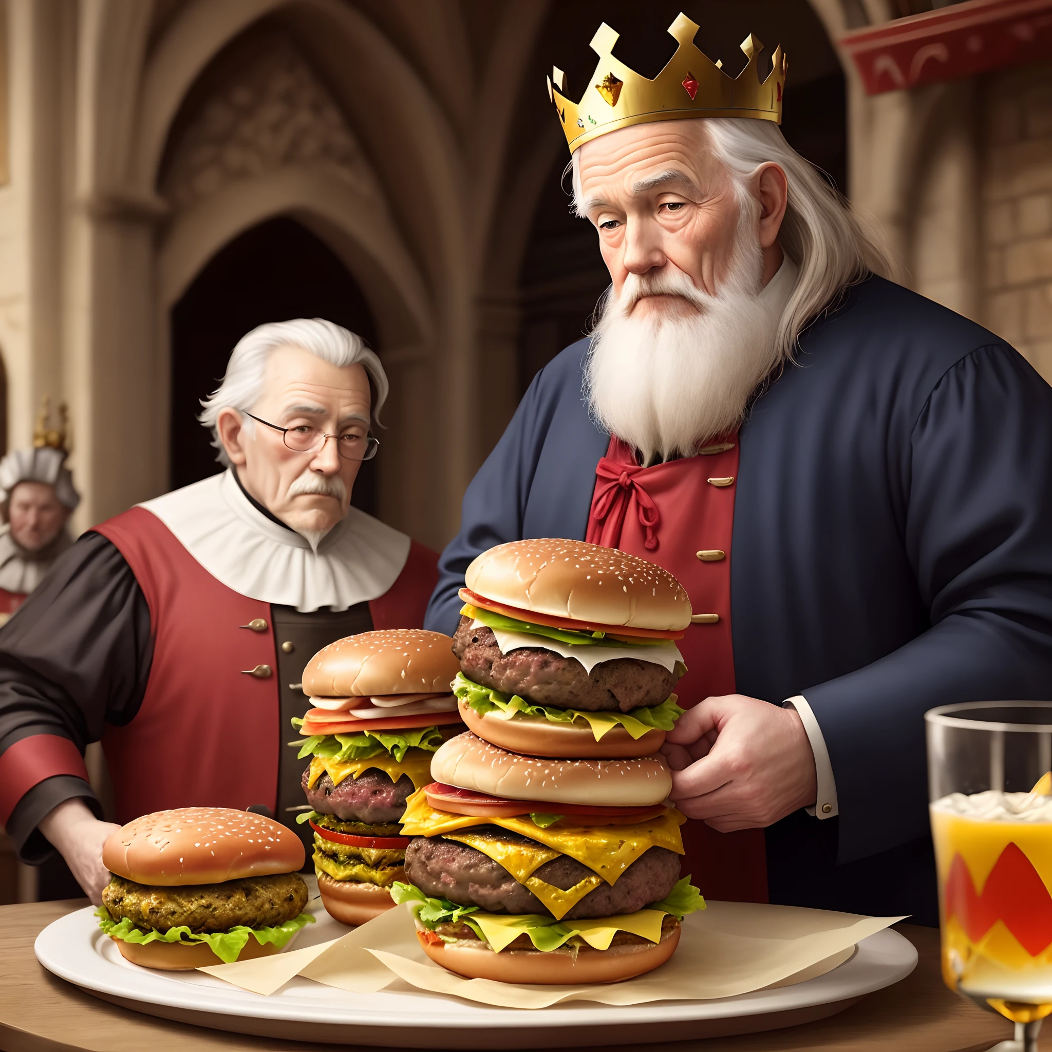 The King of Hamburgers,Dignified old man,The King Wearing the Crown,Have a hamburger,medieval Europe,Legendary King,Lots of hamburgers,Surrounded by treasure