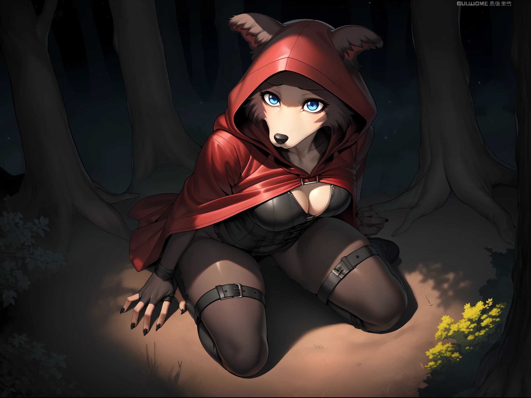Solo:1.4, Juno, blue eyes, by gudlmok99, by sleepiness18, brown wolf girl, in a forest, wearing red hooded cloak, wearing red hood, strapped leather fingerless gloves, black stiletto boots, black corset, black leather shorts,kneeling, on a treetop, close up, serious face, nighttime
