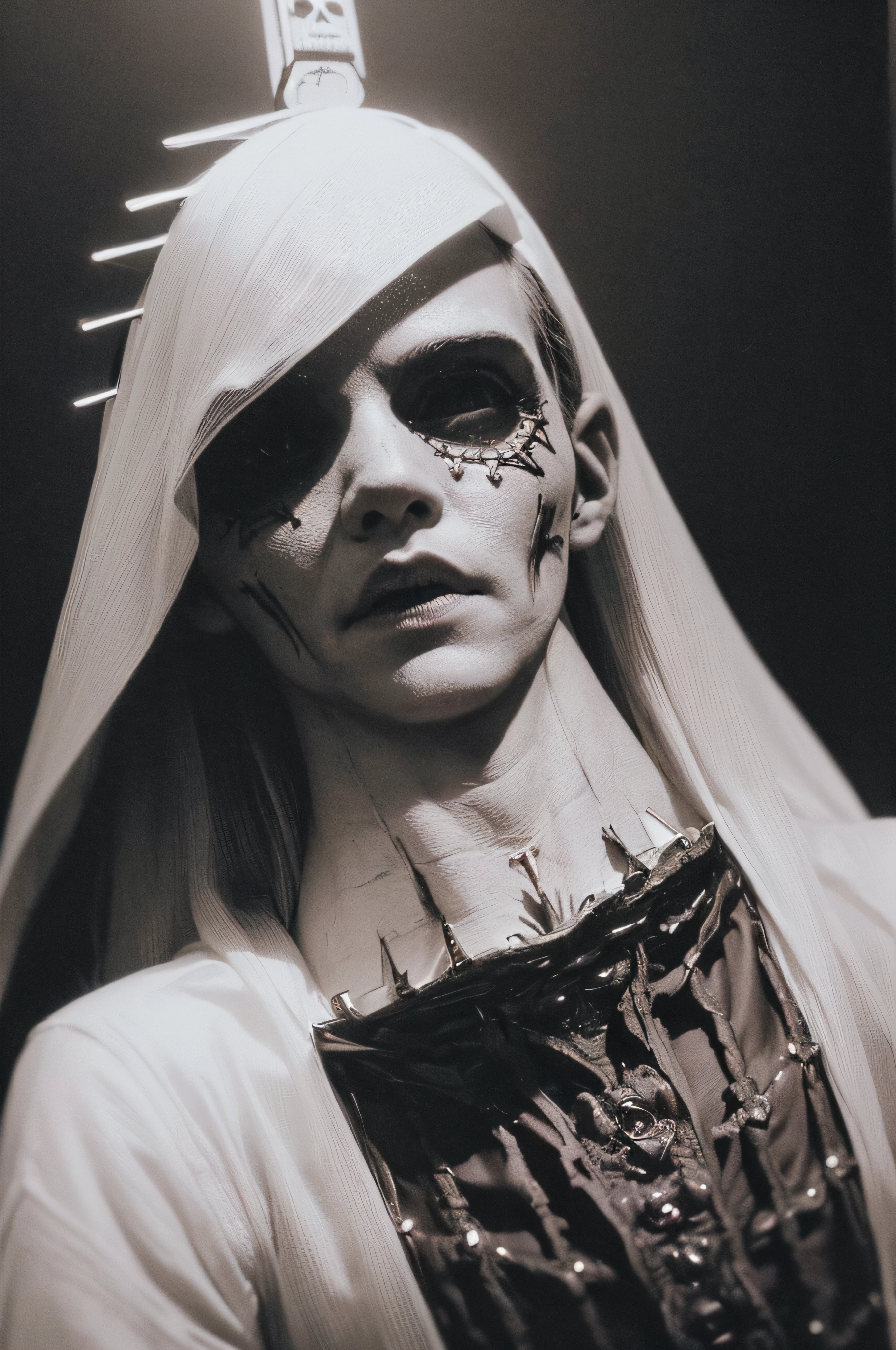 Bettina Rheims shot, by Shohei Otomo, pagan saint, inri, full body shot, the person is going through a heartbreak, Catholic icon, sacred heart,