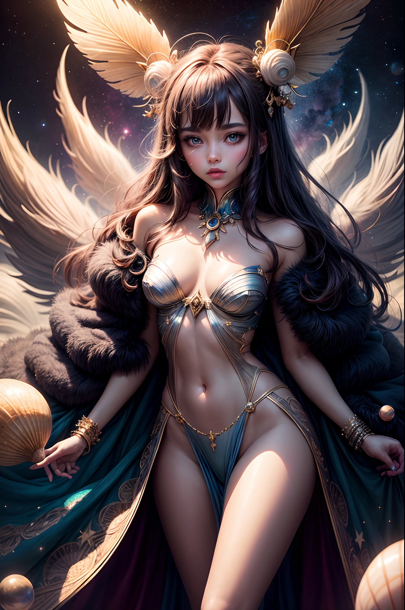 "Girl from the stars, (shimmering fur), celestial antennae, shell of wonder, planetary dreamscape, (cosmic enchantment), surreal artistry, vibrant and alien palette"