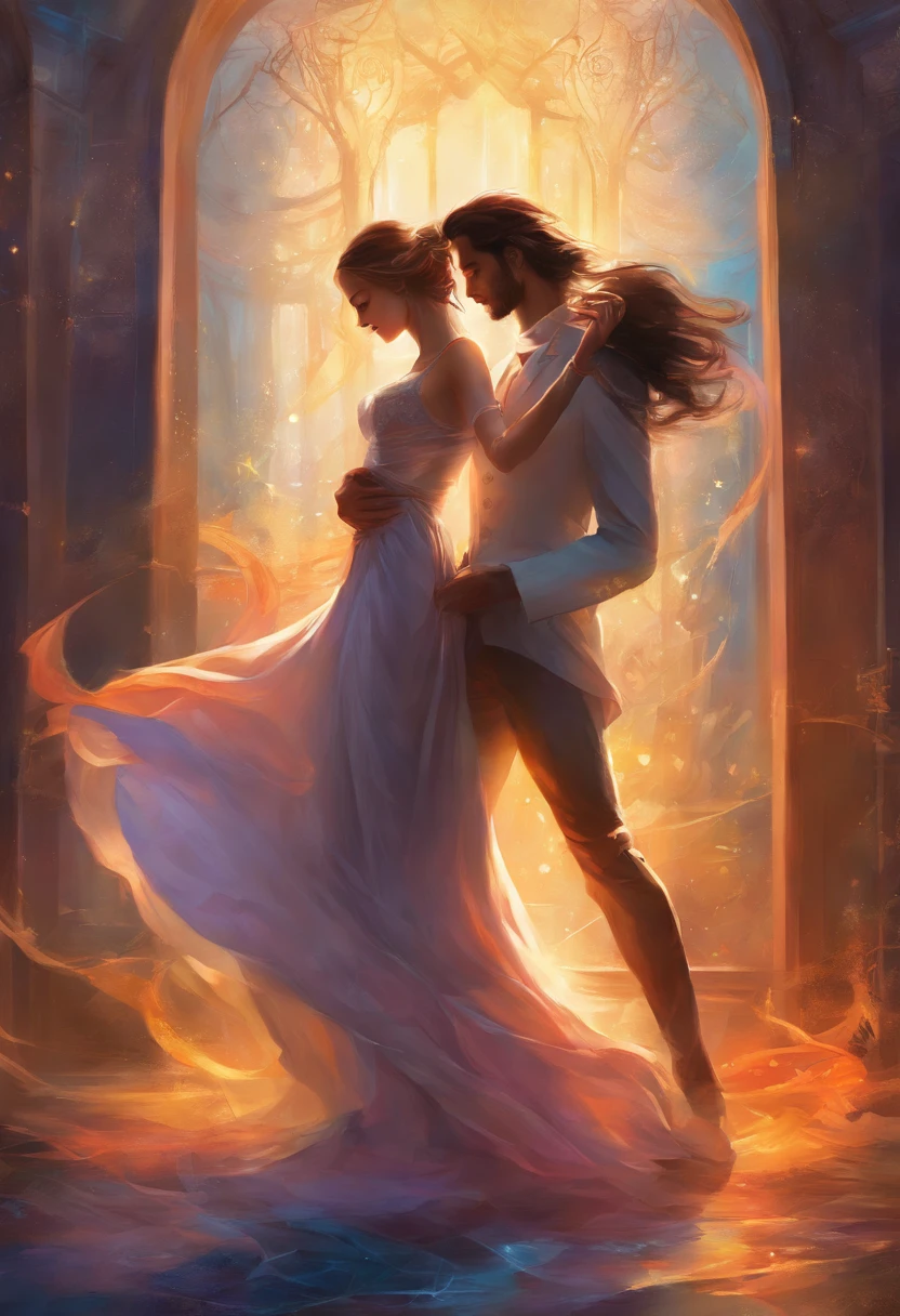 (best quality,highres),realistic,portrait,a girl dancing tango with a young man,moonlight,transparent sheet,exposed ,long hair,visible ,passionate expression,sensual atmosphere,graceful poses,provocative movements,subtle lighting,vivid colors,romantic ambiance,sublime beauty,delicate details,fine brush strokes,painterly style.