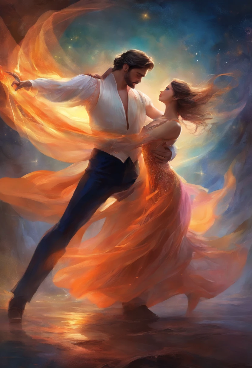 (best quality,highres),realistic,portrait,a girl dancing tango with a young man,moonlight,transparent sheet,exposed ,long hair,visible ,passionate expression,sensual atmosphere,graceful poses,provocative movements,subtle lighting,vivid colors,romantic ambiance,sublime beauty,delicate details,fine brush strokes,painterly style.