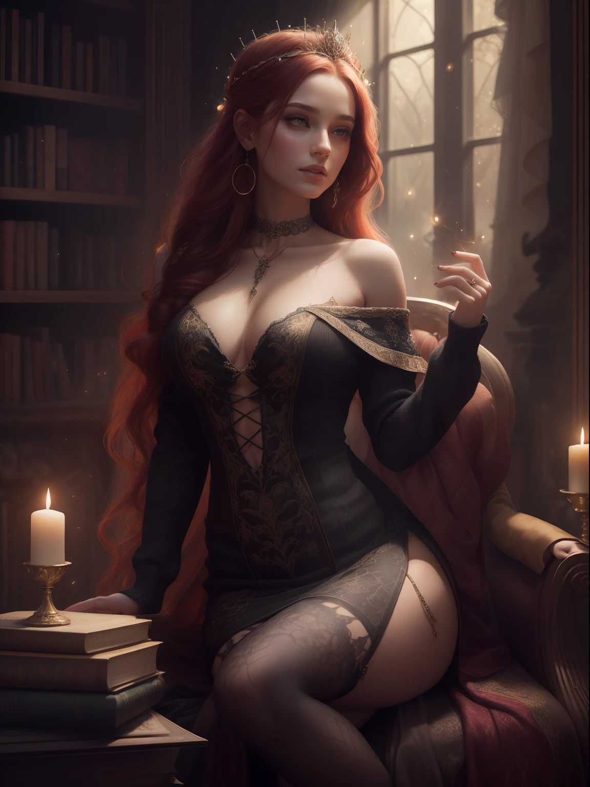 RAW professional photograph of 2women, absolute reigning goth punk forest goddess Queen of witches. Masterpiece. 8k artstation. Perfect facial and body anatomy proportions. She has a pretty Irish face and slim athletic body. Wise expression. Wide athletic hips. and very long messy braided red hair. She is covered with occult tattoos. and lots of jewelry.  and flowers in her hair.  She wears an opulent off shoulder Gothic knit sweater dress that is regal and elegant and suggestive. Wearing a pretty circlet in her hair. Stockings. Incredible detail to clothing texture and pattern. Setting: fantasy, a deceadent mansion study with a large chair. Surrounded by books and glowing potions and candles. She reads an ancient book and dazzling balls of lights and colors surround her. Fireflies. Autumn. Big window. Blurry background, colorful, bokeh effect, god rays, dynamic pose, raytracing, backlight, subsurface scattering, closeup, dynamic, seductive, Flirtatious, oil painting with beautiful brush strokes