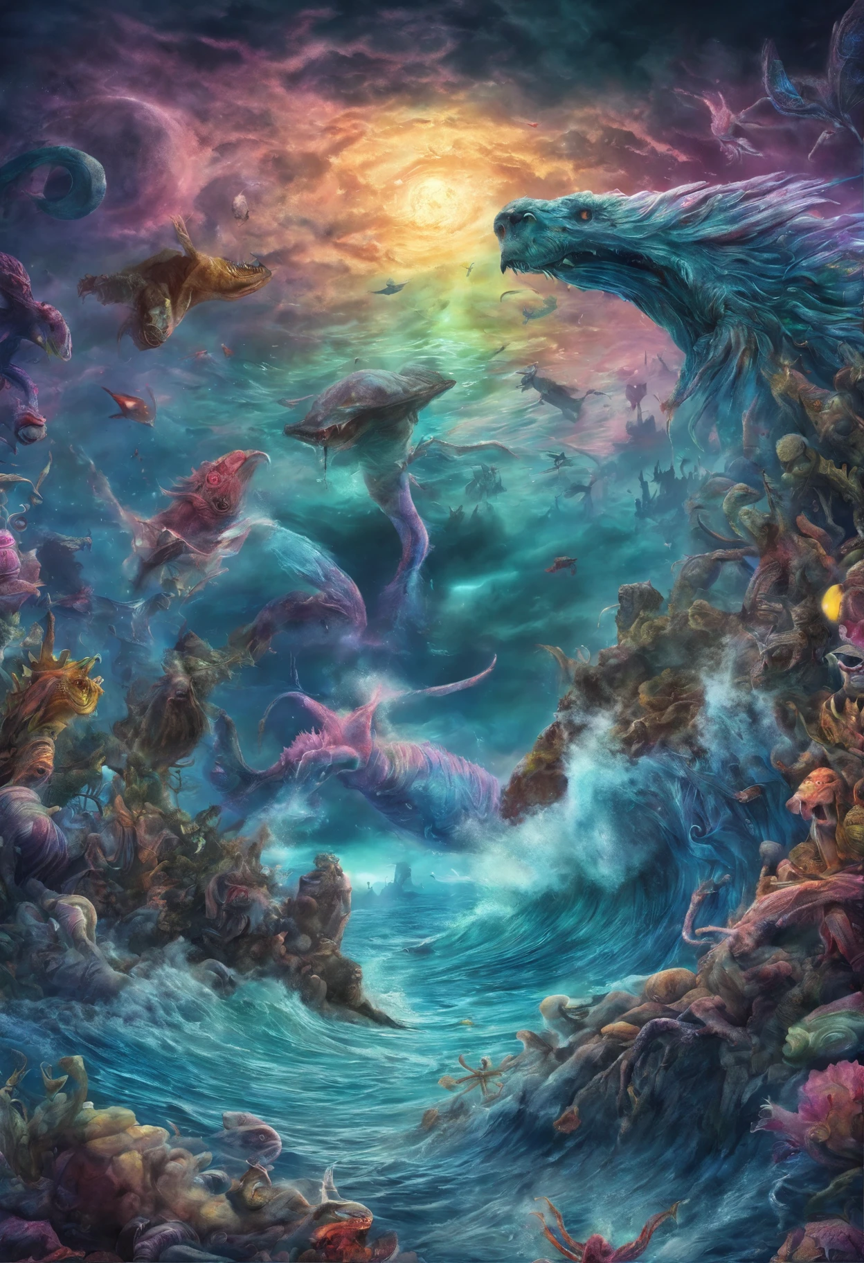 Psychedelic ocean scene fantasy horror colorful nightmare moon monsters and scary creatures