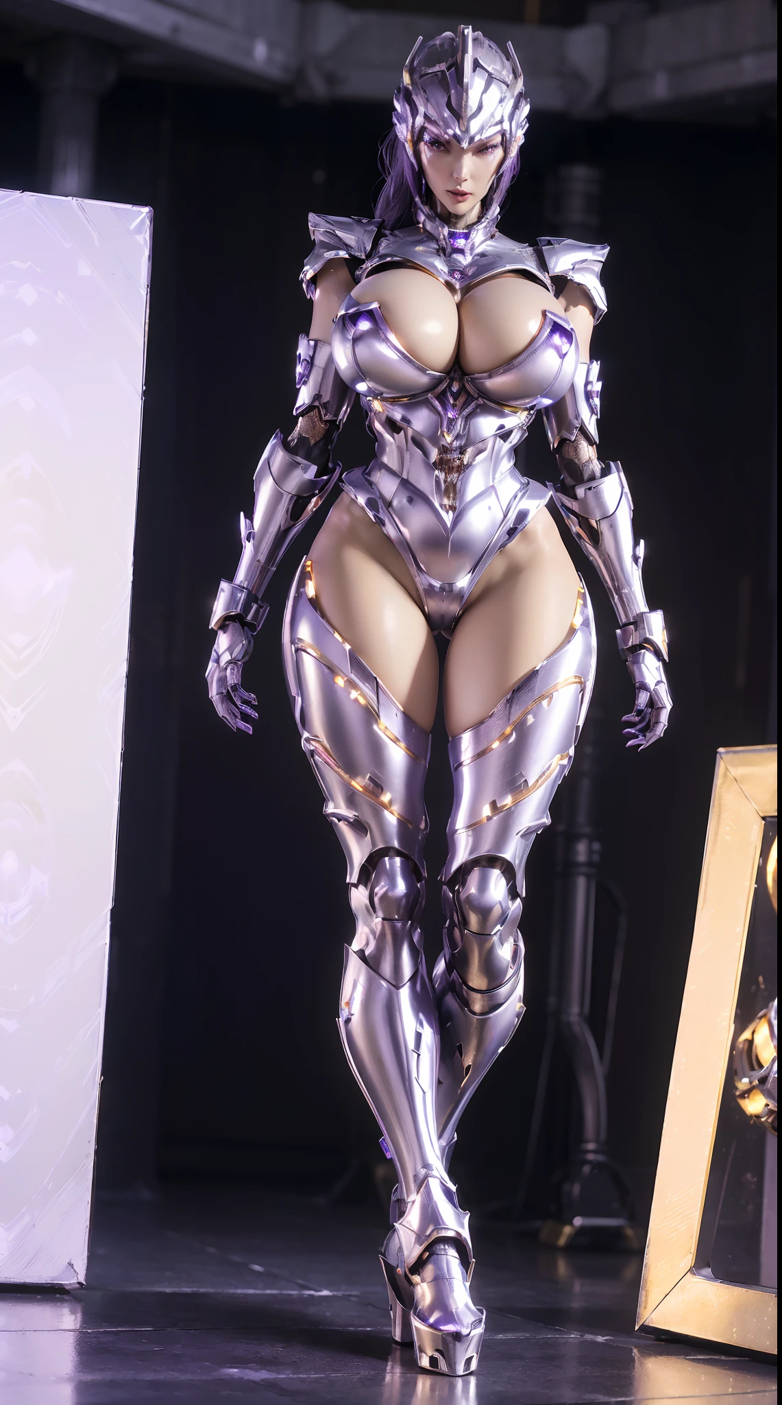 1GIRL, SOLO, (ssmile, makeup, beautifull eyes, red libs, black hair), (detailed face), super detailed face, (dragon mecha helm:1.2), (BIG BUTTOCKS, MUSCLE ABS, HUGE BOOBS:1.3), (MECHA GUARD ARM:1.3), (silver, purple, gold, MECHA CYBER SHINY ARMORED SUIT, NSFW CLEAVAGE, MECHA GUARD ARMOR LEGS, HIGH HEELS:1.5), (SLENDER BODY, SEXY LONG LEGS, FULL BODY:1.4), (LOOKING AT VIEWER:1.3), (WALKING DOWN OF FUTURISTIC SPACE STATION:1), (BRIGHT LIGHTING:1.3), PHYSICALLY-BASED RENDERING, ULTRA HIGHT DEFINITION, 16K, 1080P.