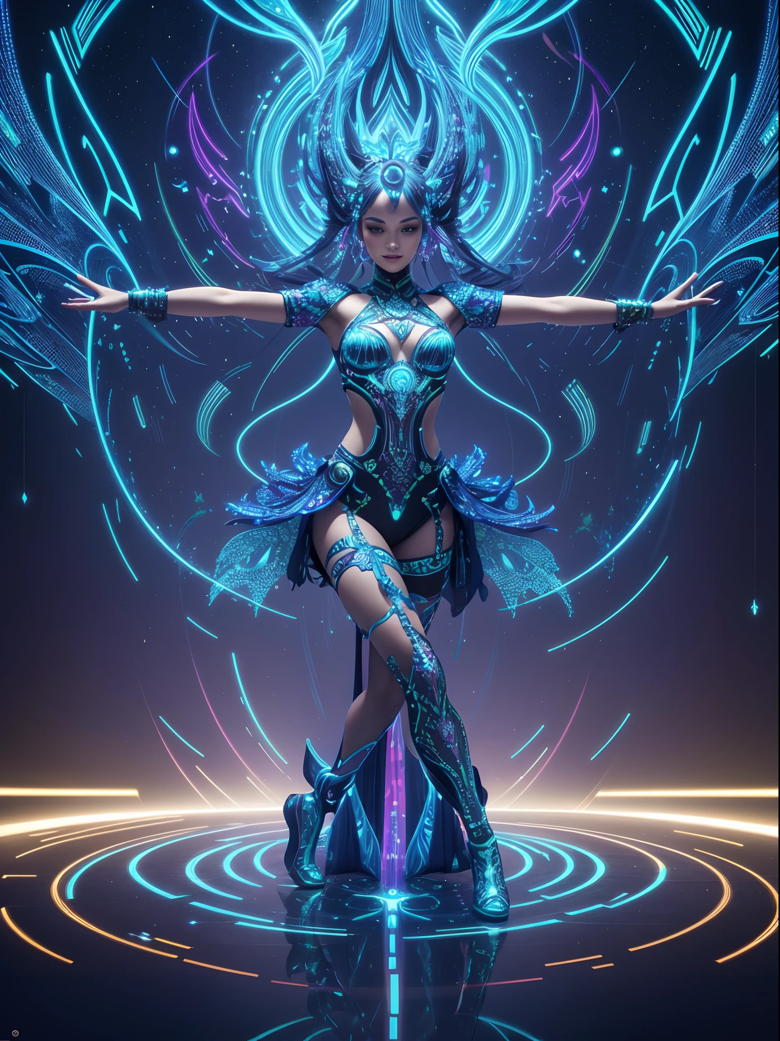 vivid digital 3d image of a holographic fractal ecstatic dancing woman with electronic circuits, intricate radiant Greeble details